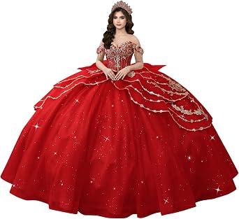 Gold Appliques Beaded Quinceanera Dresses Tassel Off Shoulder XV Dress with Bow Tiered Crystal Vestidos de 15 anos