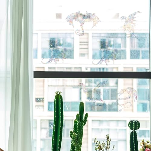 Vista 5 de INFUNLY 6 calcomanías de cristal de dragón arcoíris Calcomanías de prisma de alerta de ventana anticolisión, no adhesivas, prisma arcoíris