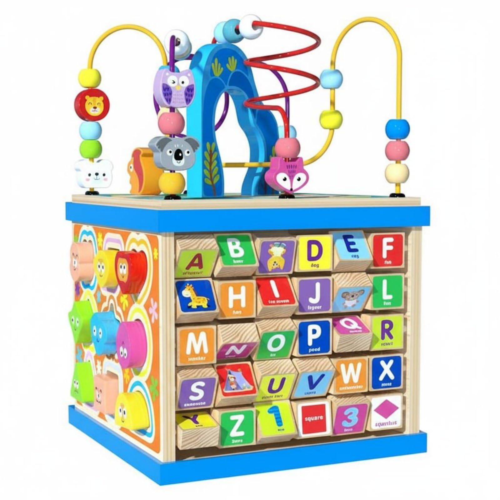 Kinder Drehperlen Motorikschleife Holzspielzeug mit Drehbarem Und Farbenfrohen Perlen für Spielteppich Kinderecke, Multifunktionaler Perlenlabyrinth-Schatzkasten Mit Alphabet
