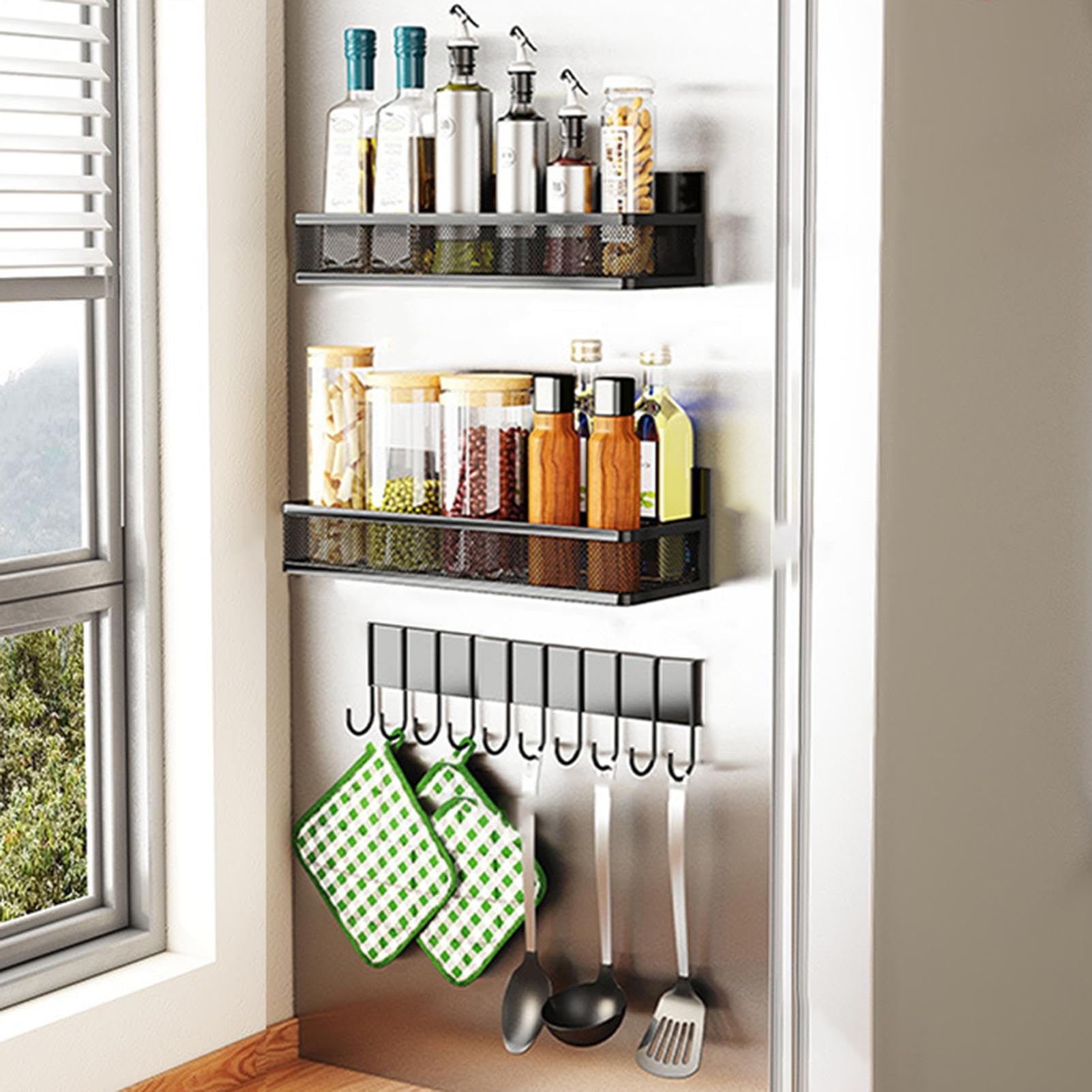 Nevera Estante de Especias Imán - 3 Piezas Organizador Multifuncional Con Ganchos - Estante Magnético de Especias Para Nevera | Para Cocina Casa Armario Olla De Pared Estufa Encimera Armario Hierbas