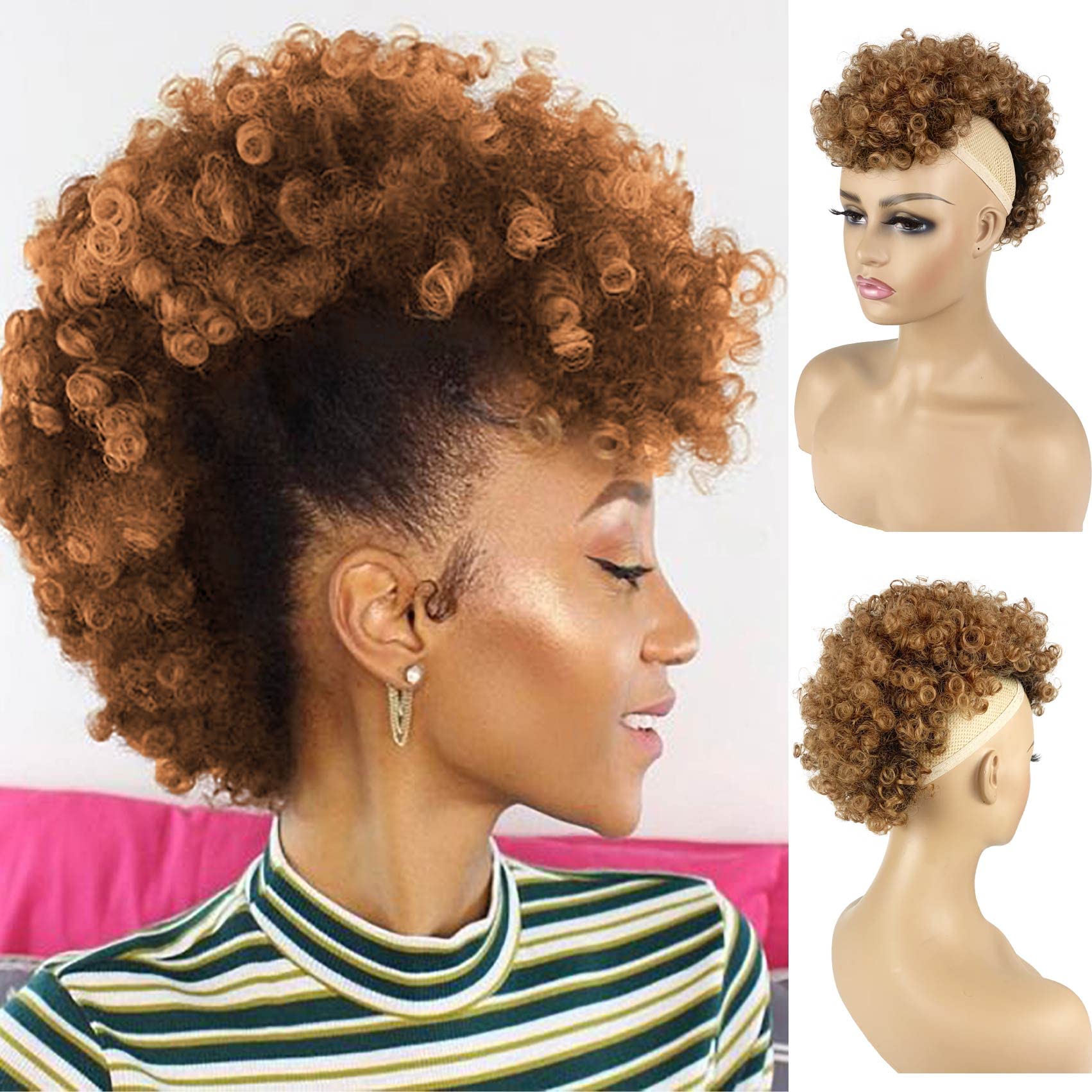 Afro High Puff Bun Mohawk Ponytail with Bangs Jerry Curls Non Drawstring Ponytail with 6 BB Clips in Synthetic Fauxhawks Afro Puff Kinky Curly Ponytail Extensions for Black Women UAmy hair T30