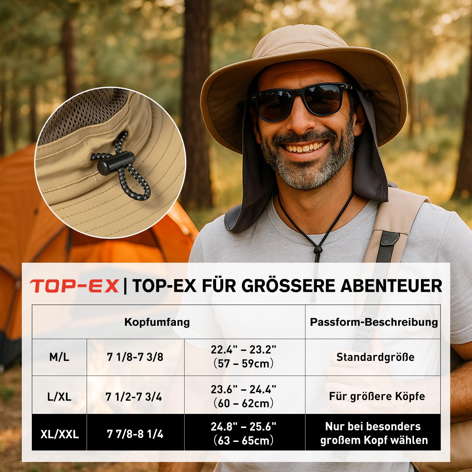 Top-EX XL/XXL Mens Wide Brim Sun Hat with Sunglass Lock UPF 50 Summer Hats with Neck Flap Waterproof Outdoor Fishing Safari Hat Packable