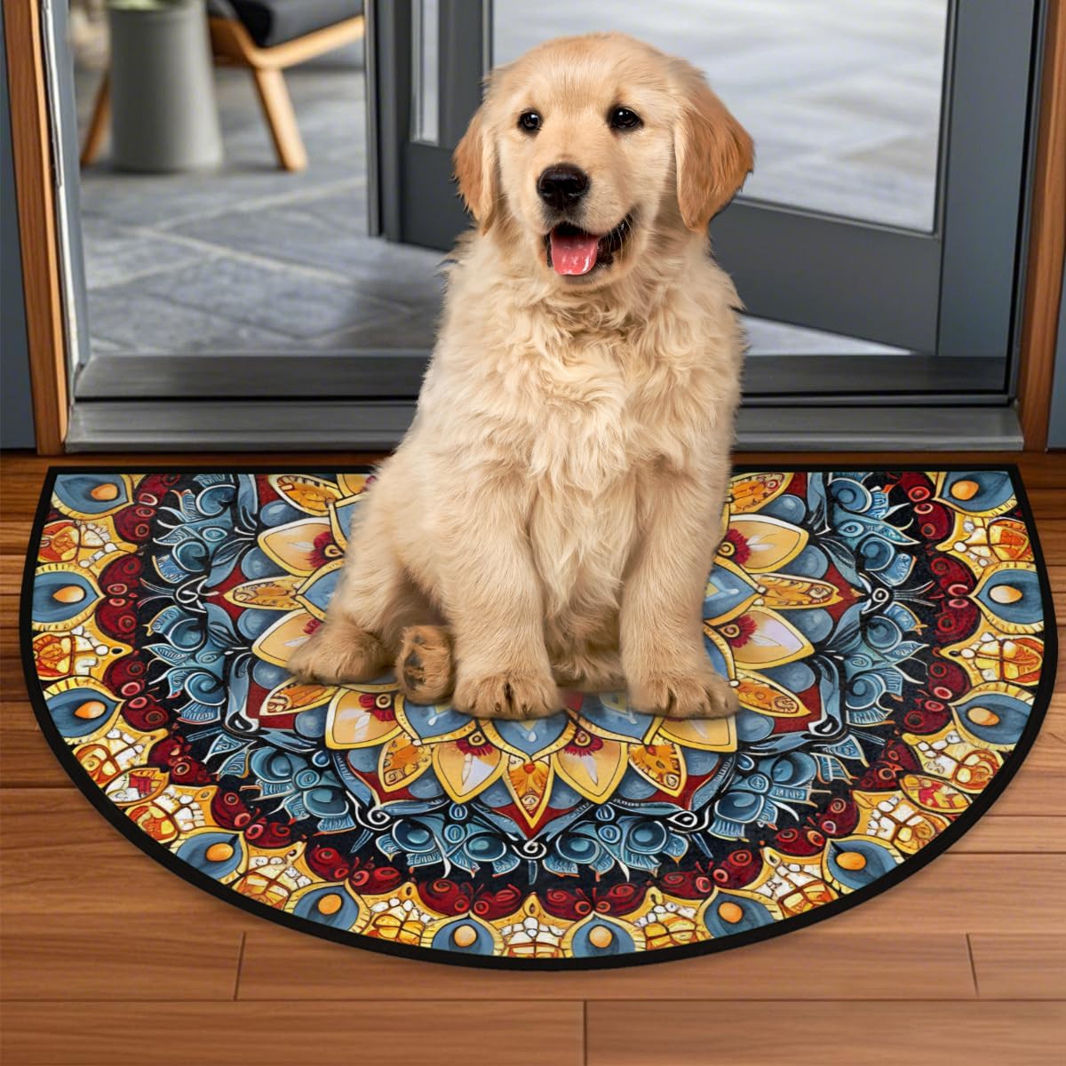 Front Door Mat Indoor Outdoor Entrance, Boho Mandala Flower Floral Half Round Door Mat Absorbent Non-Slip Backing Welcome Doormat Patio Entryway Low Profile Floor Mats for Kitchen Fireplace 36" x 24"