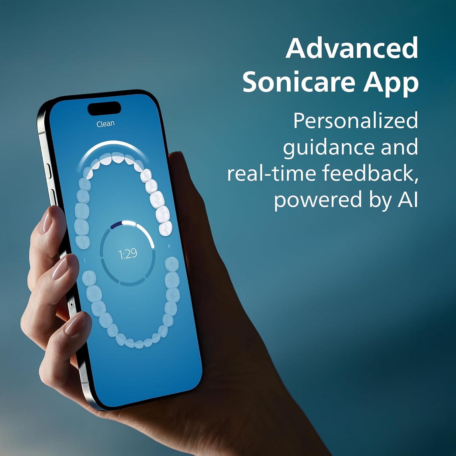 A hand holding a smartphone displaying the advanced Sonicare app interface, showing personalized guidance and real-time feedback for brushing.