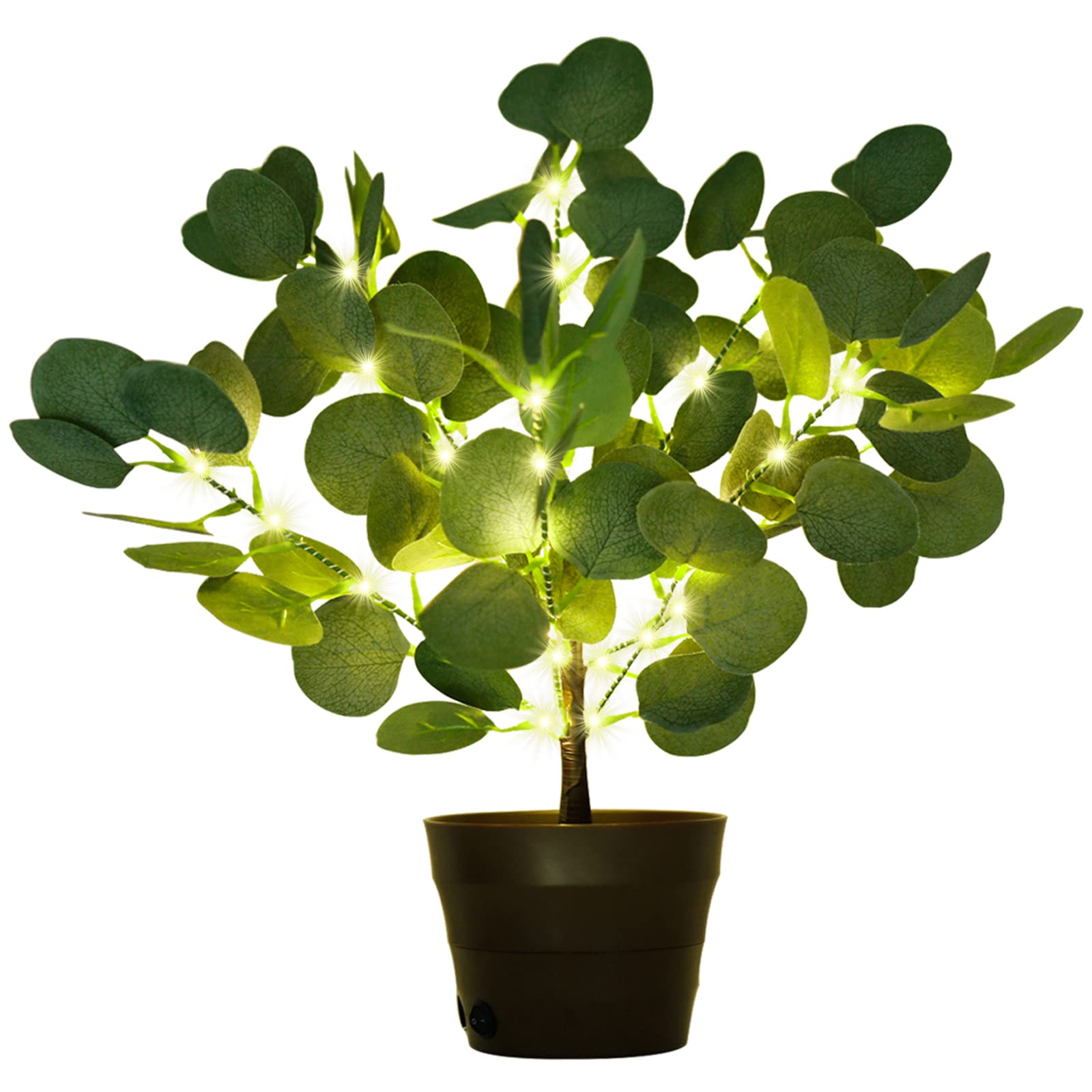 Lighted Eucalyptus Tree Spring Decorations, 18In Tabletop Greenery Plants Artificial Eucalyptus Leaves Faux Branches in Pot with Warm White Fairy Lights for Spring Wedding Home Party Decor