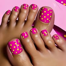 Cute Press on Toenails Summer Fake Toenails Short Square False Toenails Hot Pink Glue on Toenails Reusable Artificial Toenails Glossy Short Acrylic Toenails Full Cover Toe Nail Press ons for Women