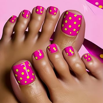 Cute Press on Toenails Summer Fake Toenails Short Square False Toenails Hot Pink Glue on Toenails Reusable Artificial Toenails Glossy Short Acrylic Toenails Full Cover Toe Nail Press ons for Women