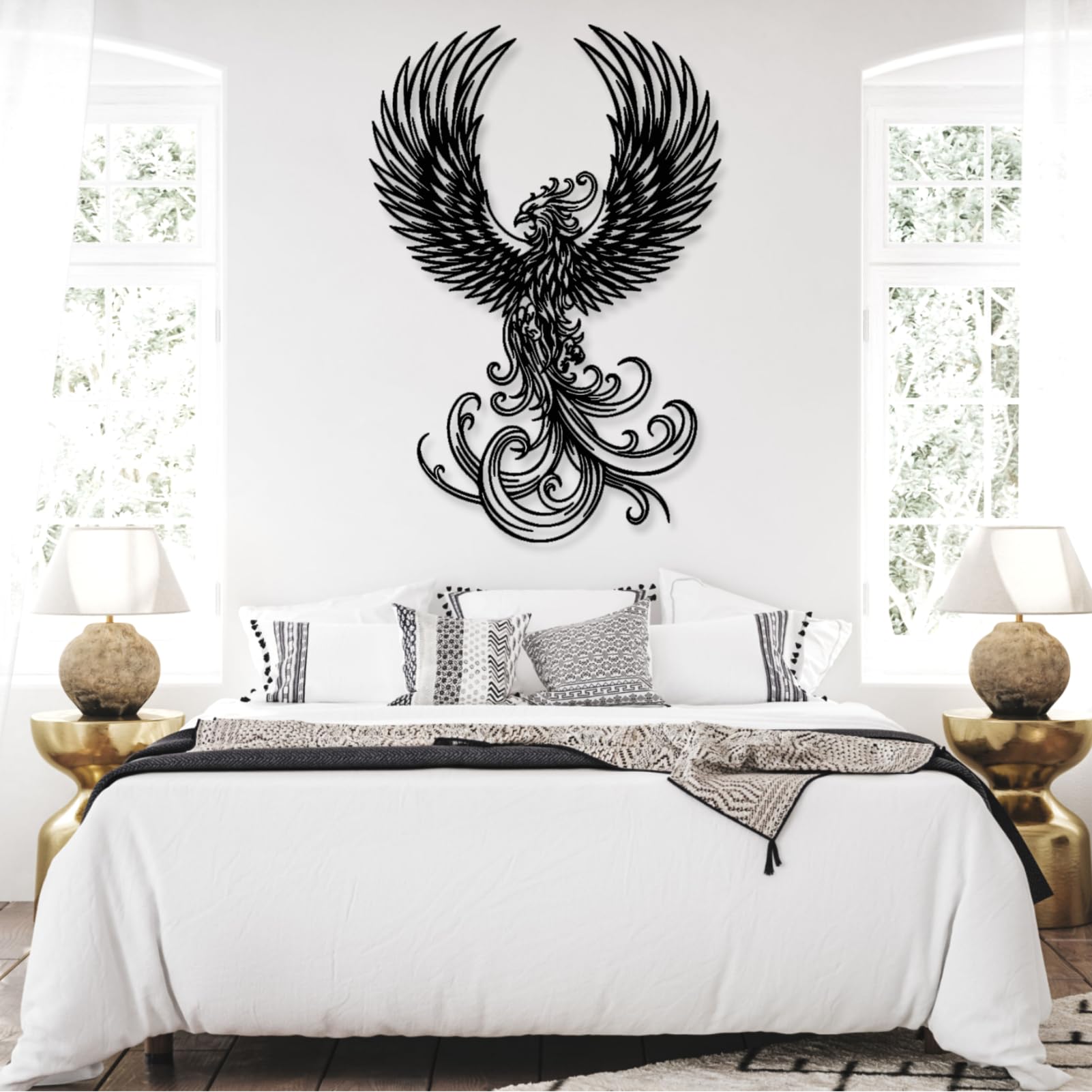 Metalowa sztuka ścienna - dekoracja feniksa, feniks, duży feniks, ptak feniks, ptak boho, mityczny ptak, wiszący salon, sypialnia, prezent na parapetówkę (48 x 70 cm, złoty)