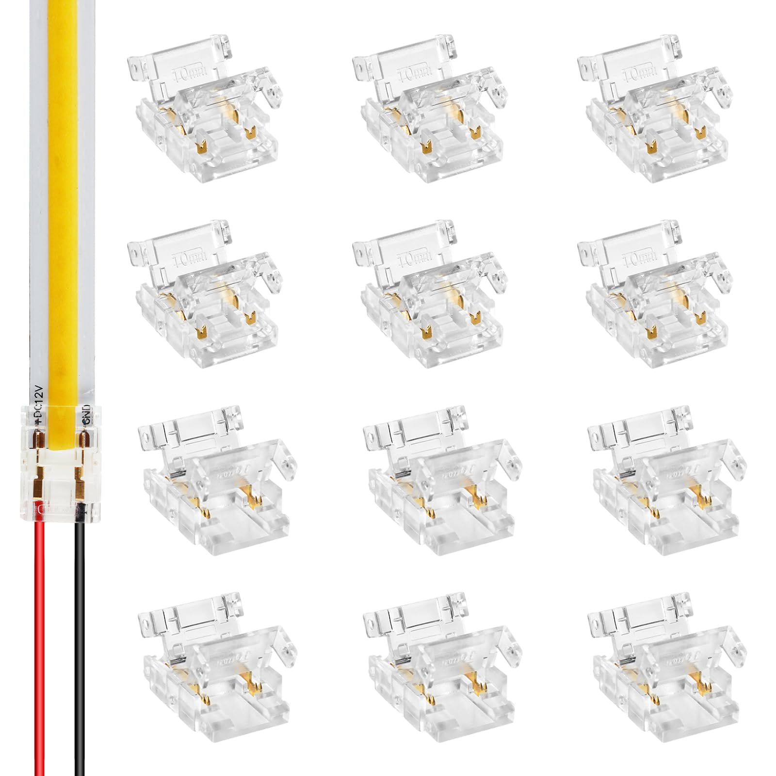 VIPMOON 12Pcs 2Pin 10mm COB LED Strip Connectors, Strip to Wire Connectors