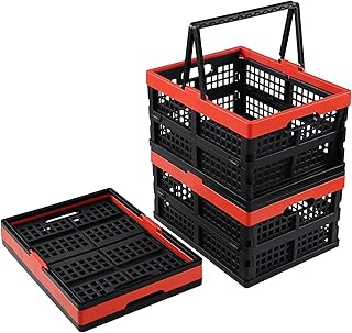 Yuright Caja plegable de 15 litros con asas, paquete de 3 cestas de plástico para la compra, color negro
