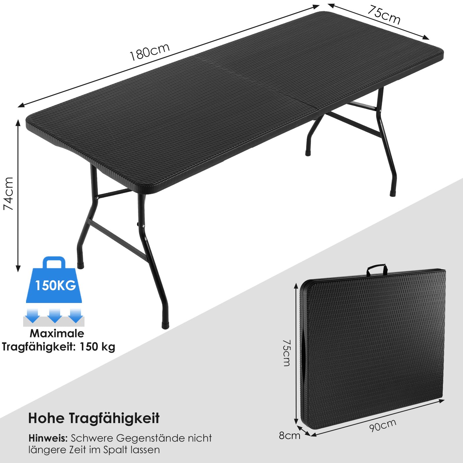 LIFERUN Tavolo da Giardino Pieghevole 180x75 cm,Tavolo da Buffet con Impugnatura di Trasporto,Tavolo Pieghevole in HDPE Plastica per 10 Persone,Ottica in Rattan,Tavolo da Campeggio Tavolo Feste