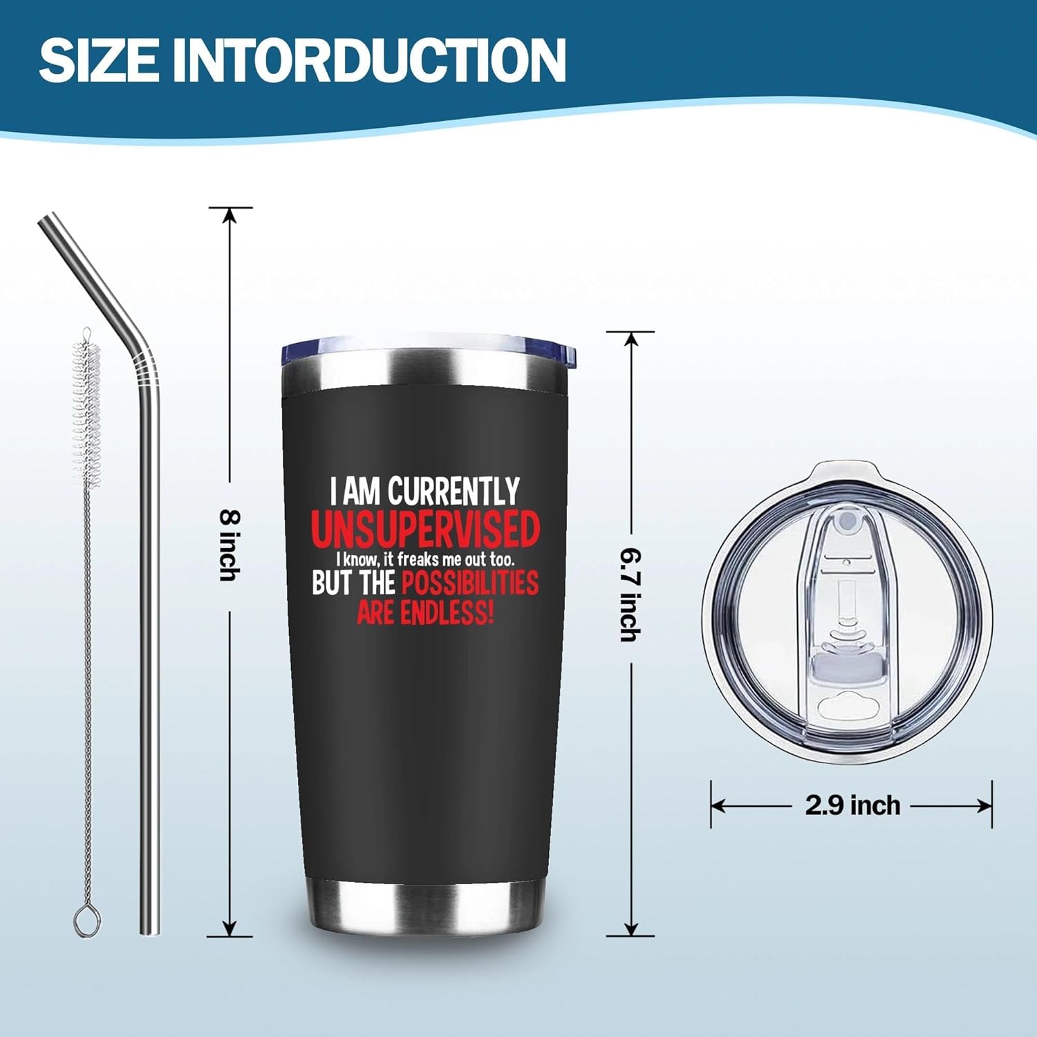 I Am Currently Unsupervised Tumbler, 20oz Insulated Stainless Steel Coffee Mug with Lid and Straw, Funny Sarcastic Travel Cup, Humor Birthday Christmas Gifts for Men Women (Black) - Image 5