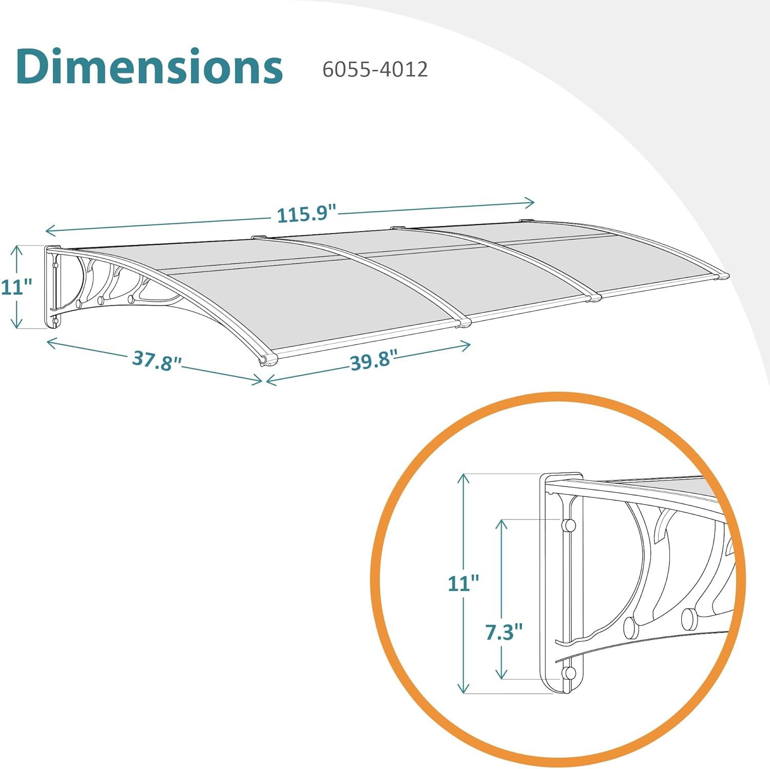 MCombo 115.9" x 37.8" Window Awning Outdoor Polycarbonate Door Shade Patio Cover Canopy, 6055-4012 (Brown Board with Black Bracket)