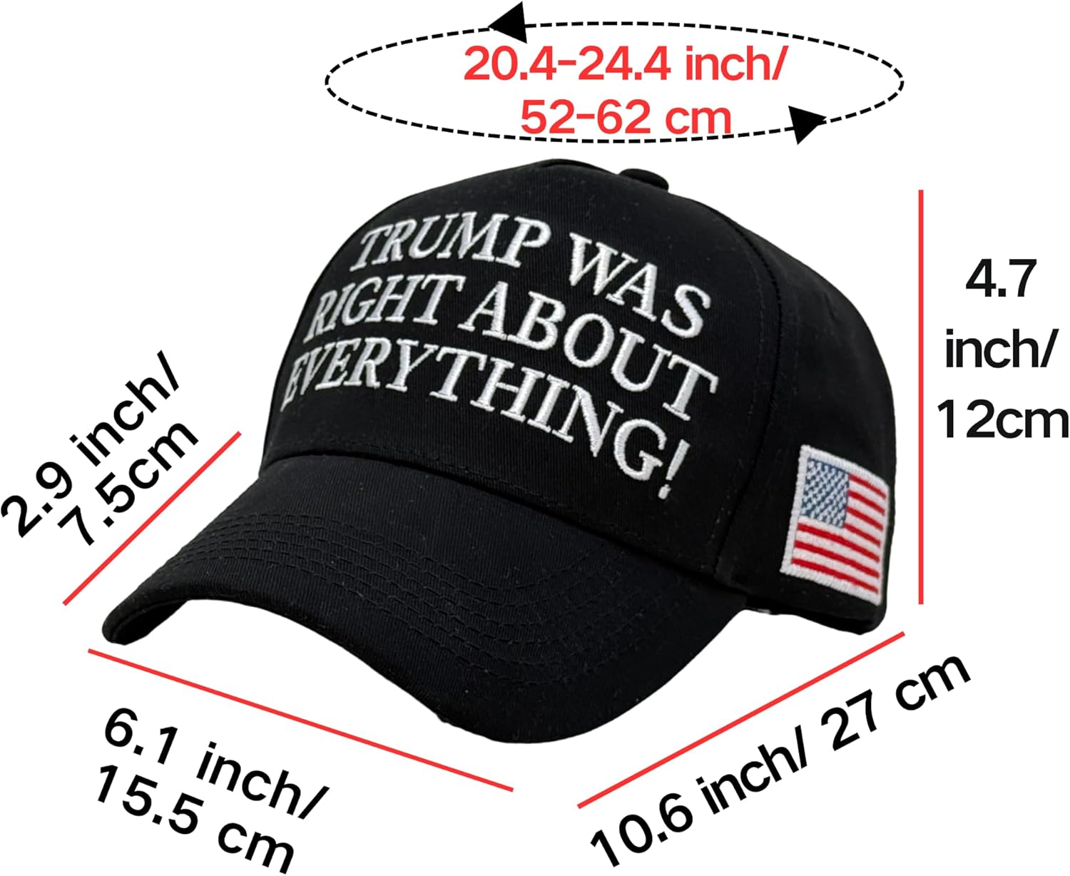 Black Baseball Cap Dad Trucker Hat Embroidered with Trump was Right About Everything, 45-47 and Colored USA Flag, Adjustable Strap Closure - Image 3