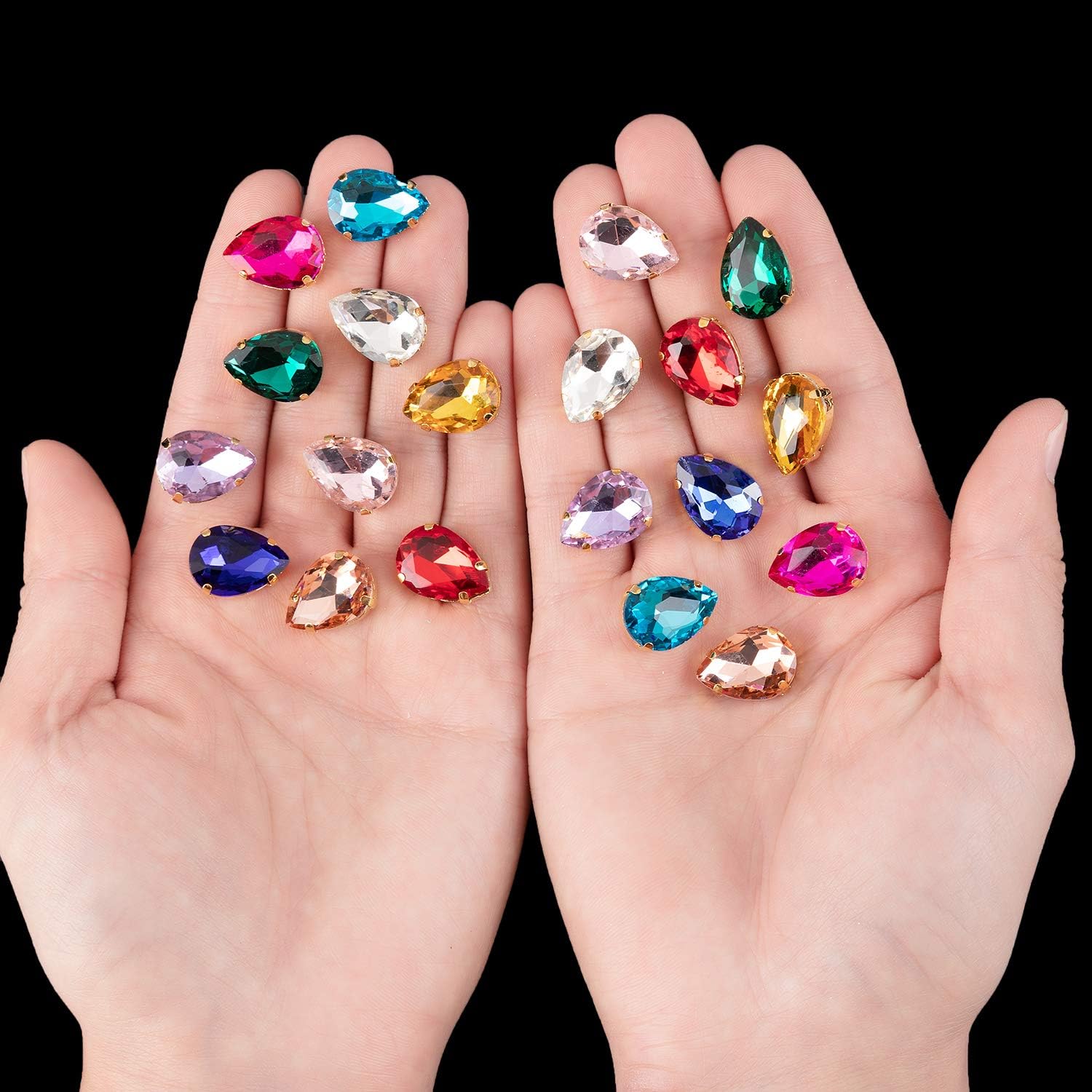 48 Pcs Sew On Crystal Rhinestone Tear Drop Flatback Gold Setting Sew On Crystal by Choupee (Mixed Color, 13 X 18 MM)