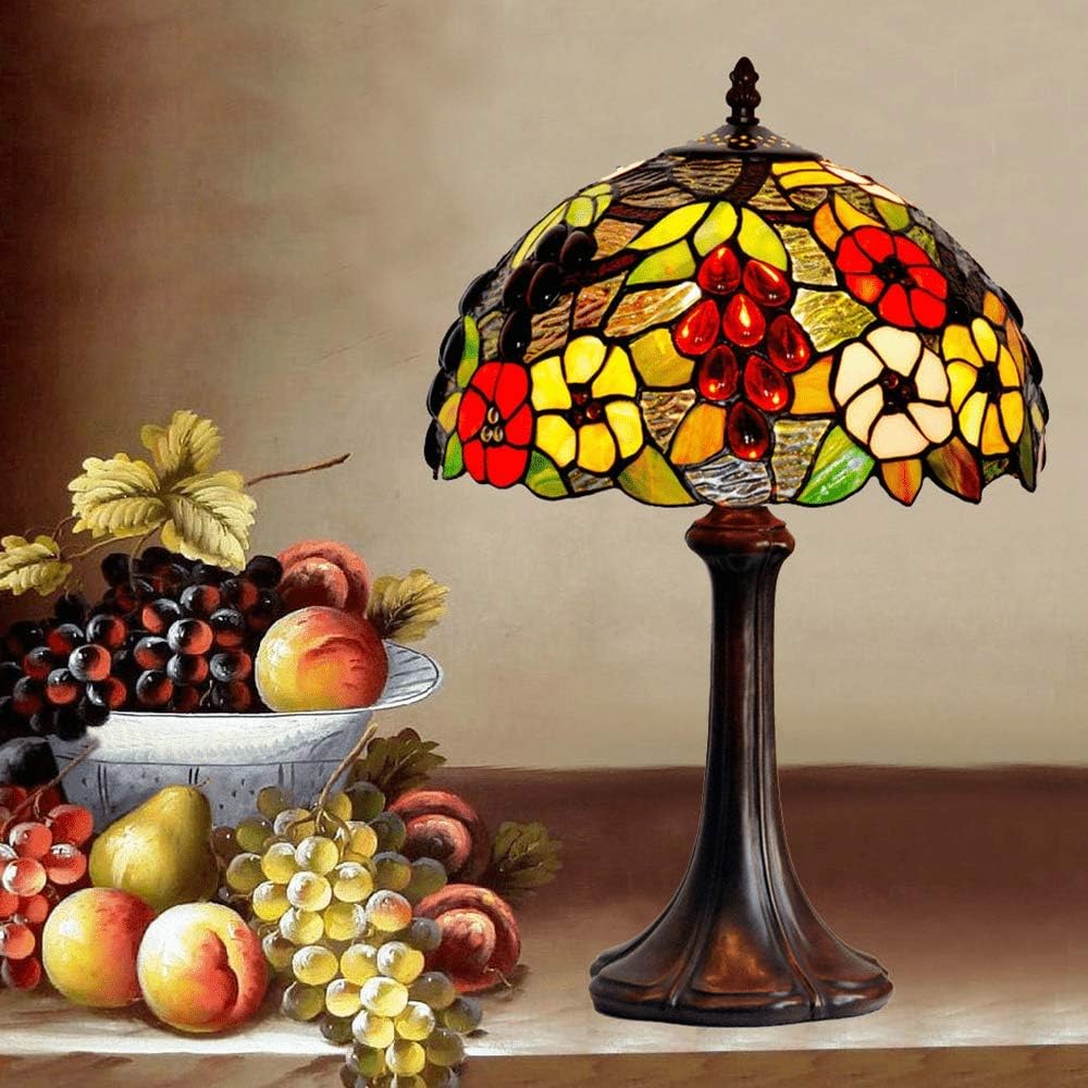HT Tiffany Style Table Lamp 12 Inch Wide Grape Floral Design Stained Glass Shade 1-Light Zinc Alloy Base Traditional Handmade Fixture Lighting for Lover Wife Daughter Dining Room Living Room Bedroom