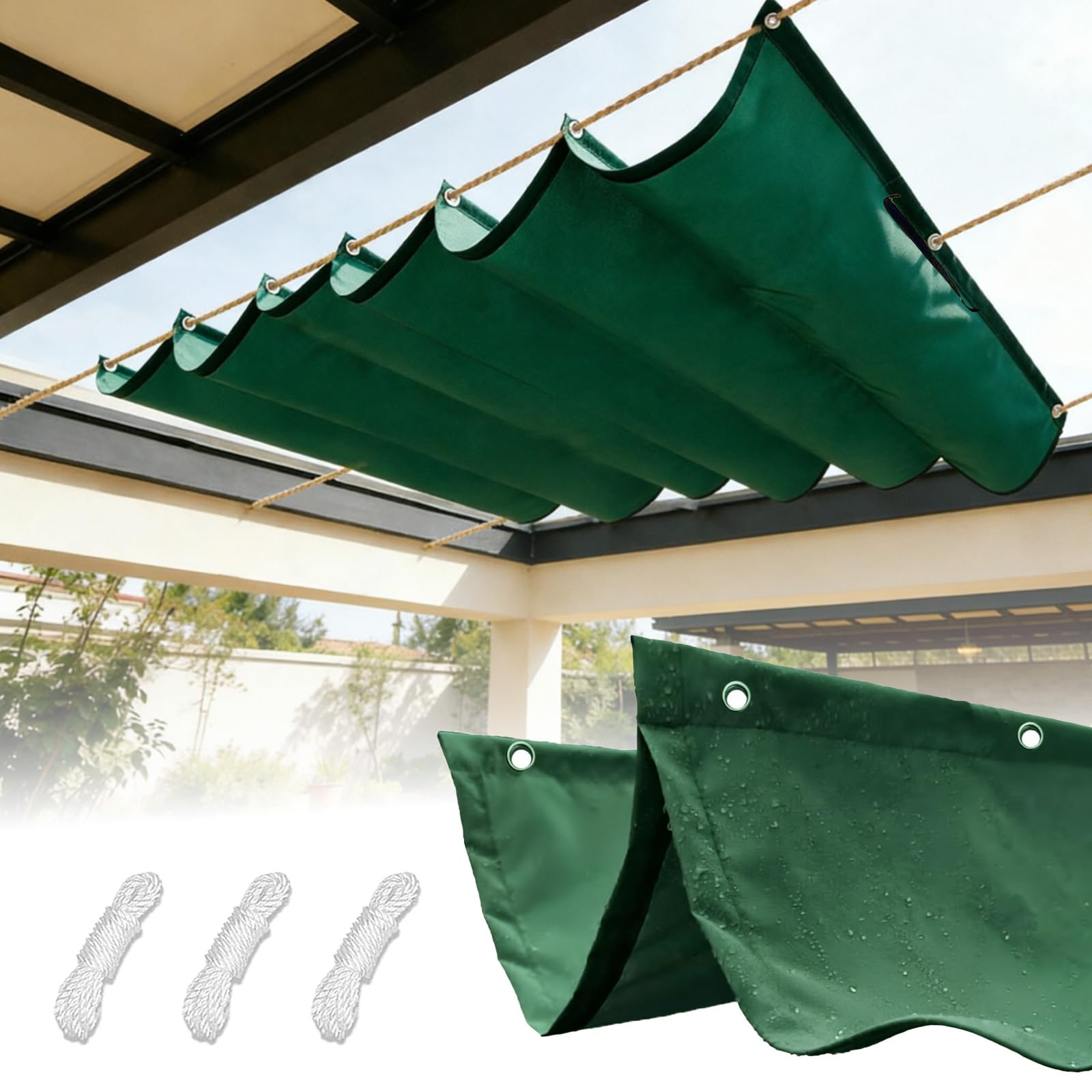 Retractable Wave Sun Shade Sail with Eyelets and Rope, Waterproof Rectangle Garden Canopy, Uv Block Tearproof Patio Awning for Outdoor-DarkGreen||250x900cm(98x354in)