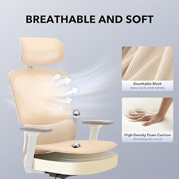 Ergonomic Office Chair, High Back Mesh Office Chair with Adjustable Lumbar Support, Flip-Up Armrests, 135° Recline, Executive Manager Chair – White Frame | Beige, Spray Plastic White