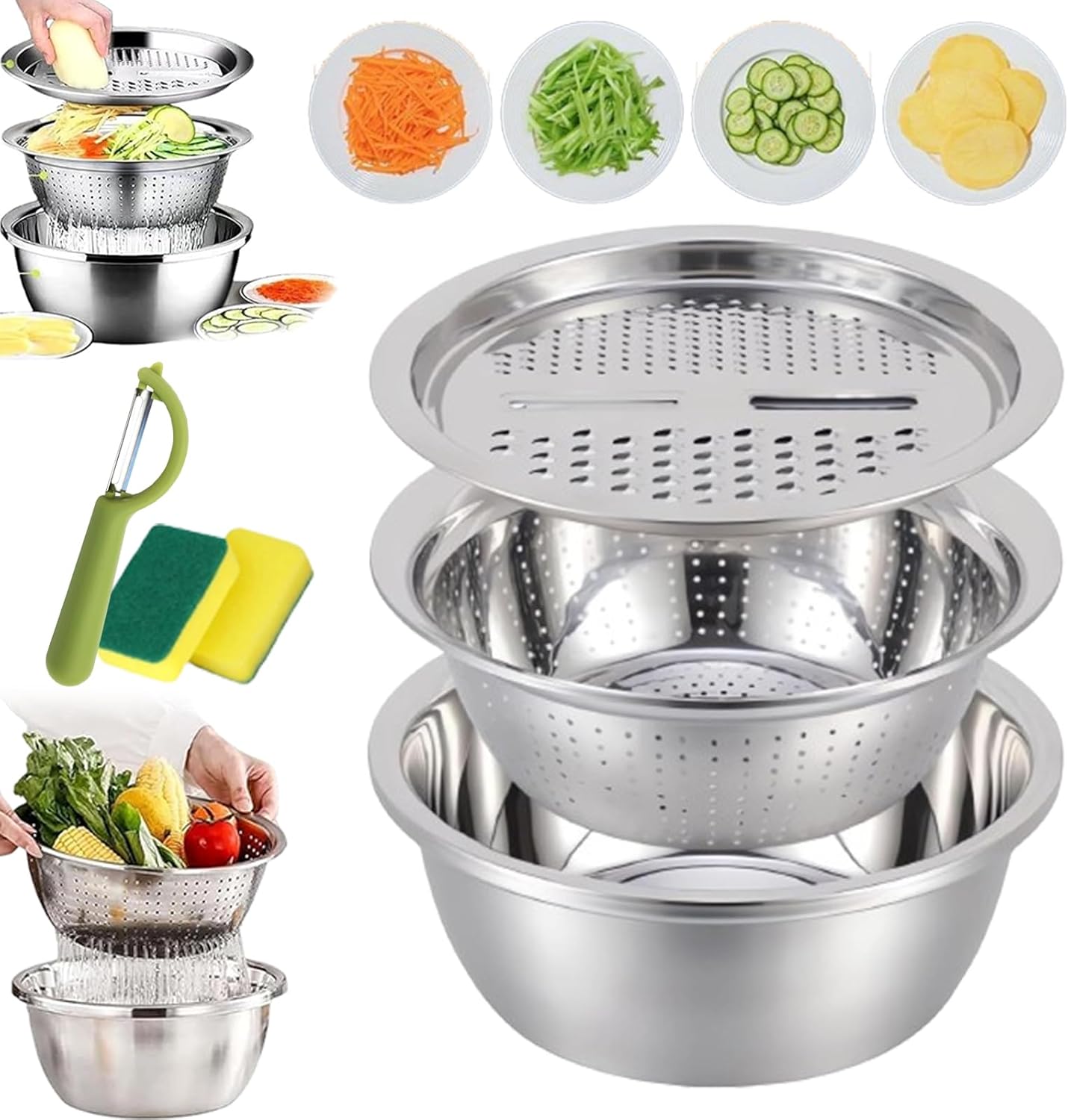 Stainless Steel Shredding & Drainage Chopping Basin, 2026 Upgraded Germany Multifunctional Stainless Steel Basin, Kitchenware Set of 3 with Grater and Drain Basket for Vegetables (28cm)