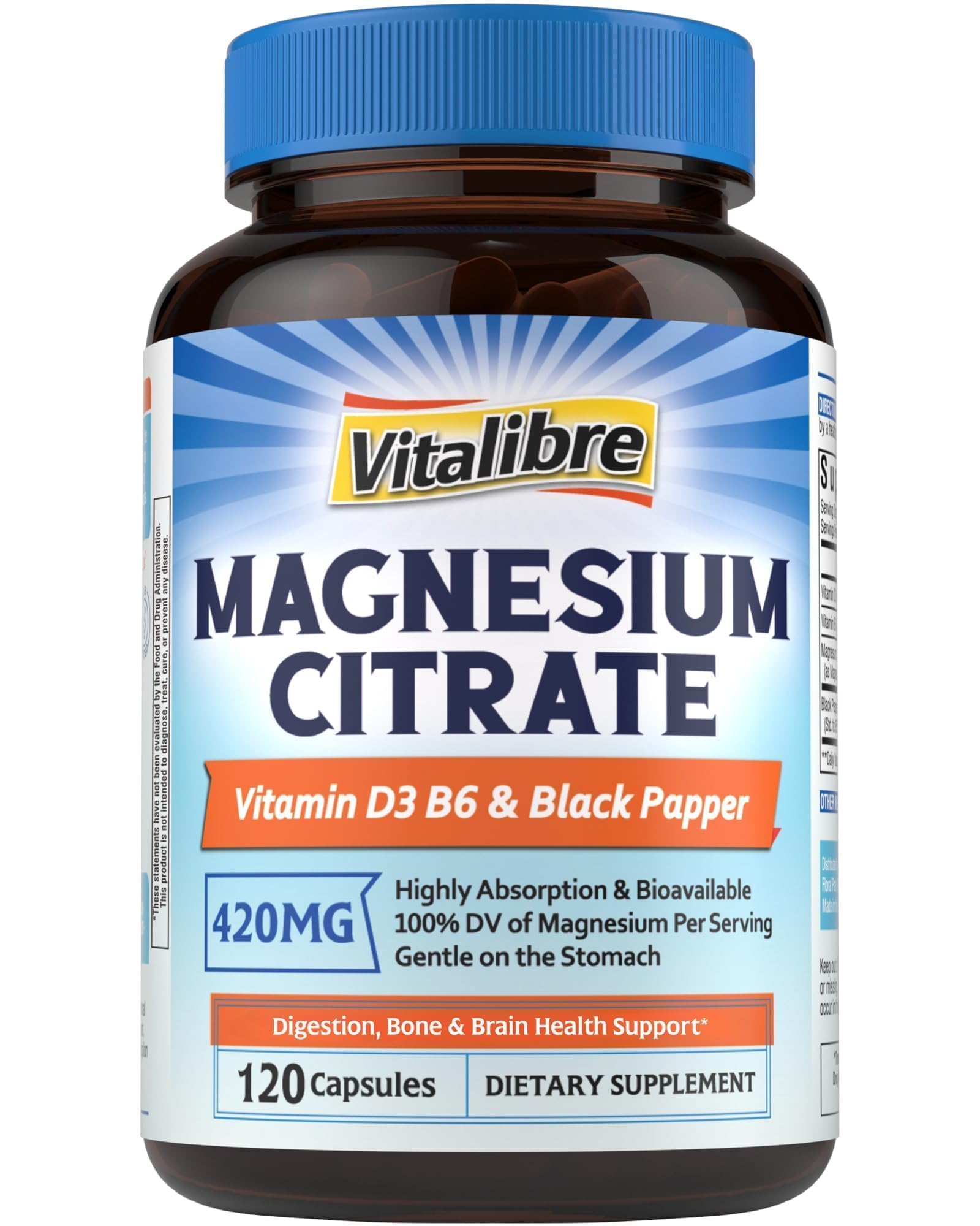 Vitalibre Magnesium Citrate Capsules with D3 B6, 420 mg Elemental magnesio 120 Count (Pack of 1)