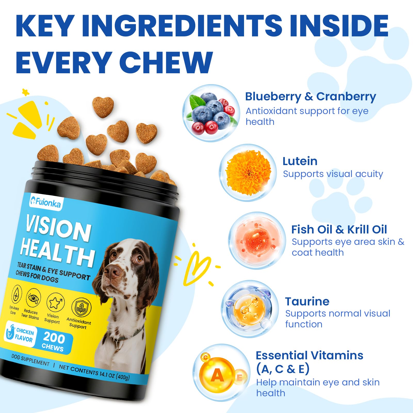 Tear Stain Chews for Dogs 200 Ct Eye Support Soft Chews Dog Eye Care Vision Immune Support Antioxidant Protection with Vitamins Cranberry Extract Fish Oil Lutein for Eye Health - Chicken — Amazon image 3
