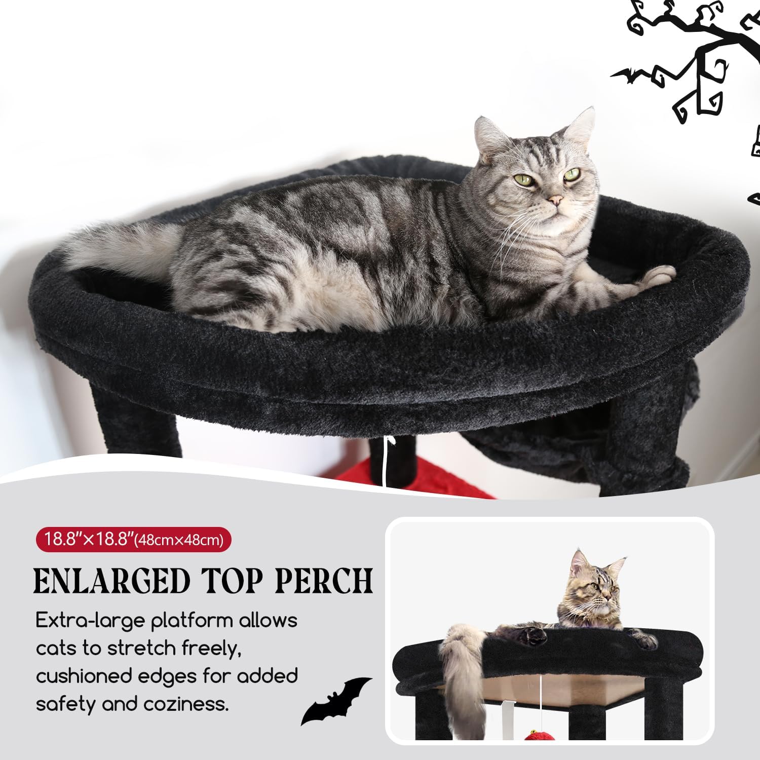 Cat resting in a plush condo of the cat tree