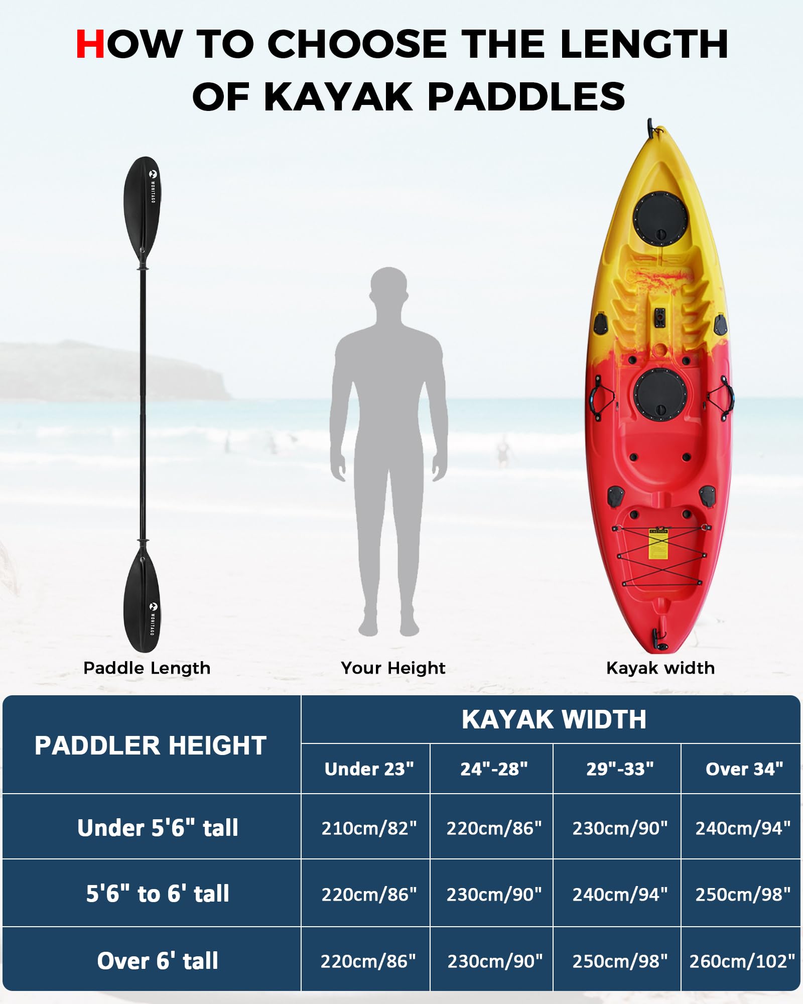 Pagaia per kayak con albero in fibra di vetro di alta qualità e lama in PP migliorata, remo regolabile per kayak, 220-240 cm, 240-260 cm