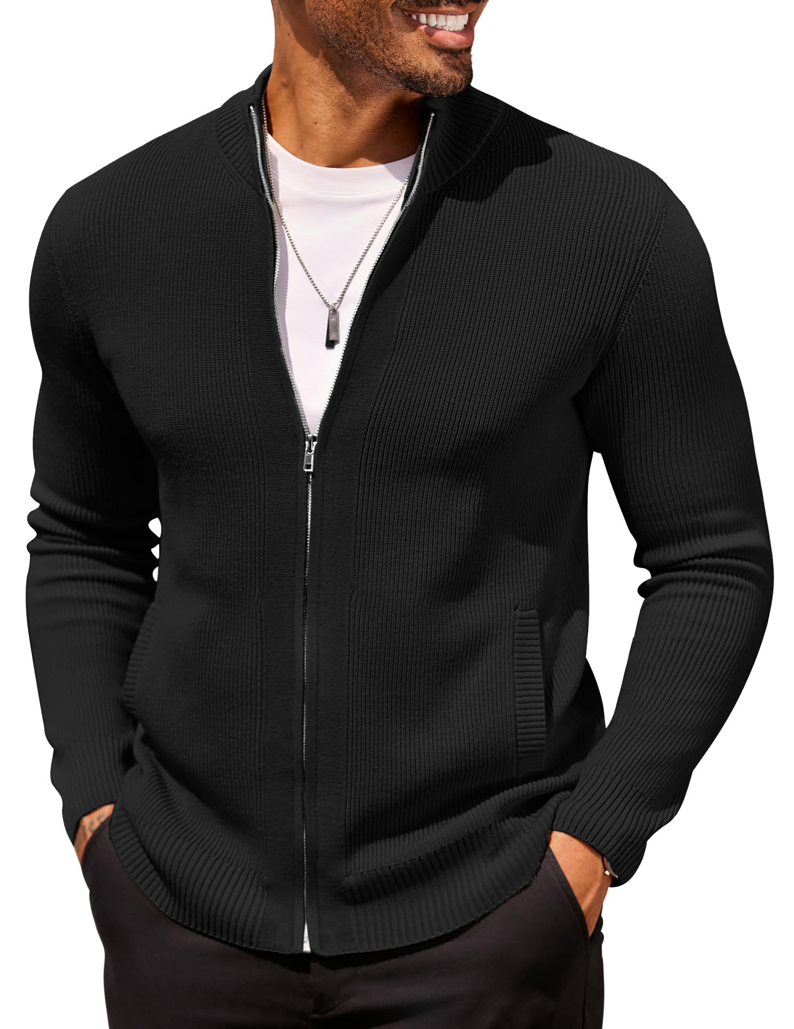 COOFANDY Mens Zip Up Cardigan Sweater Slim Fit Casual Full Zipper Sweaters | Soft Knit Fabric, Classic Stripe Texture, 2 Front Pockets, Ribbed Cuffs and Hem, Business Casual Style, Mens Light Sweater