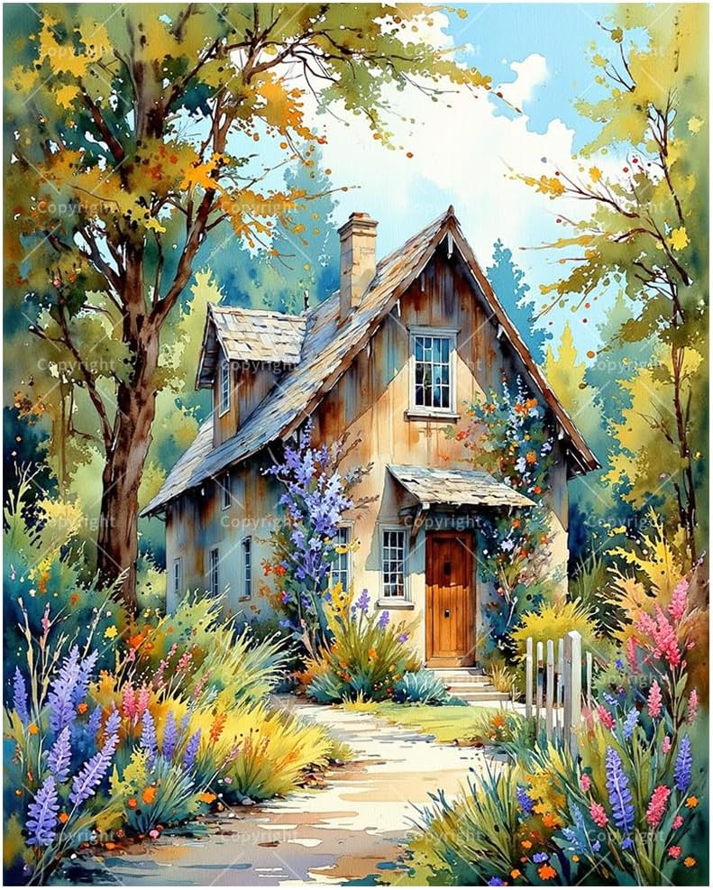 Countryside House Paint by Numbers Kit for Adults - DIY Rustic Cottage Painting on Canvas, Acrylic Paint Set, Suitable for Beginners, Country Art for Home Decoration or Gifts(16X20IN Framed)