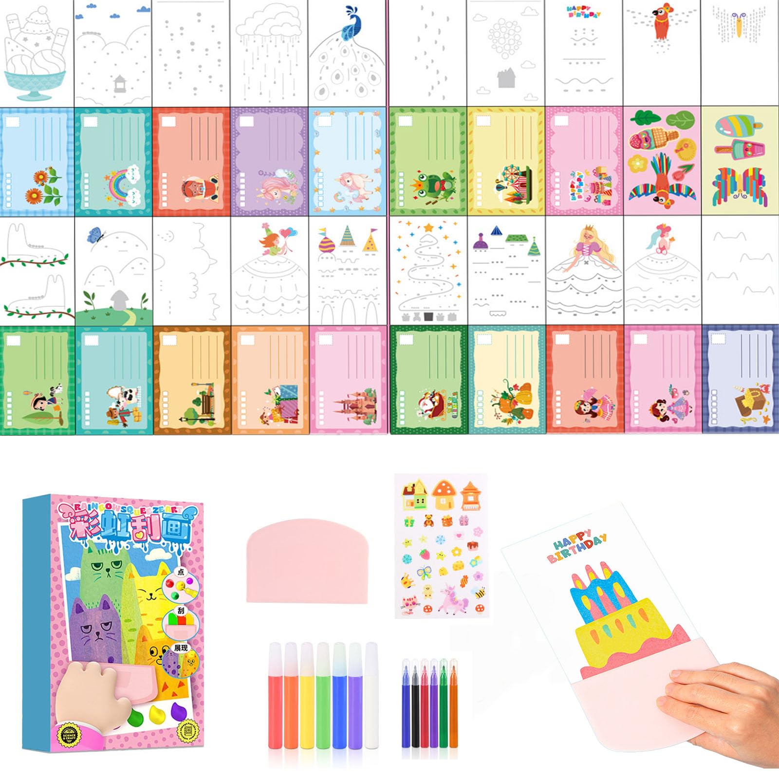 35Pcs DIY Rainbow Scratch Art Set - Painting Notebook, Books, Postcards, Dot Painting Paper - Party Favors for Boys and Girls