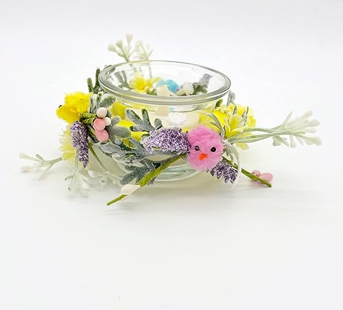 Miniatura 2 de Easter Floral and Yellow, Pink and Blue Chicks Candle Holder for Easter and Spring Table Decorations on Glass Candle Holder Glass Base - Set of 2
