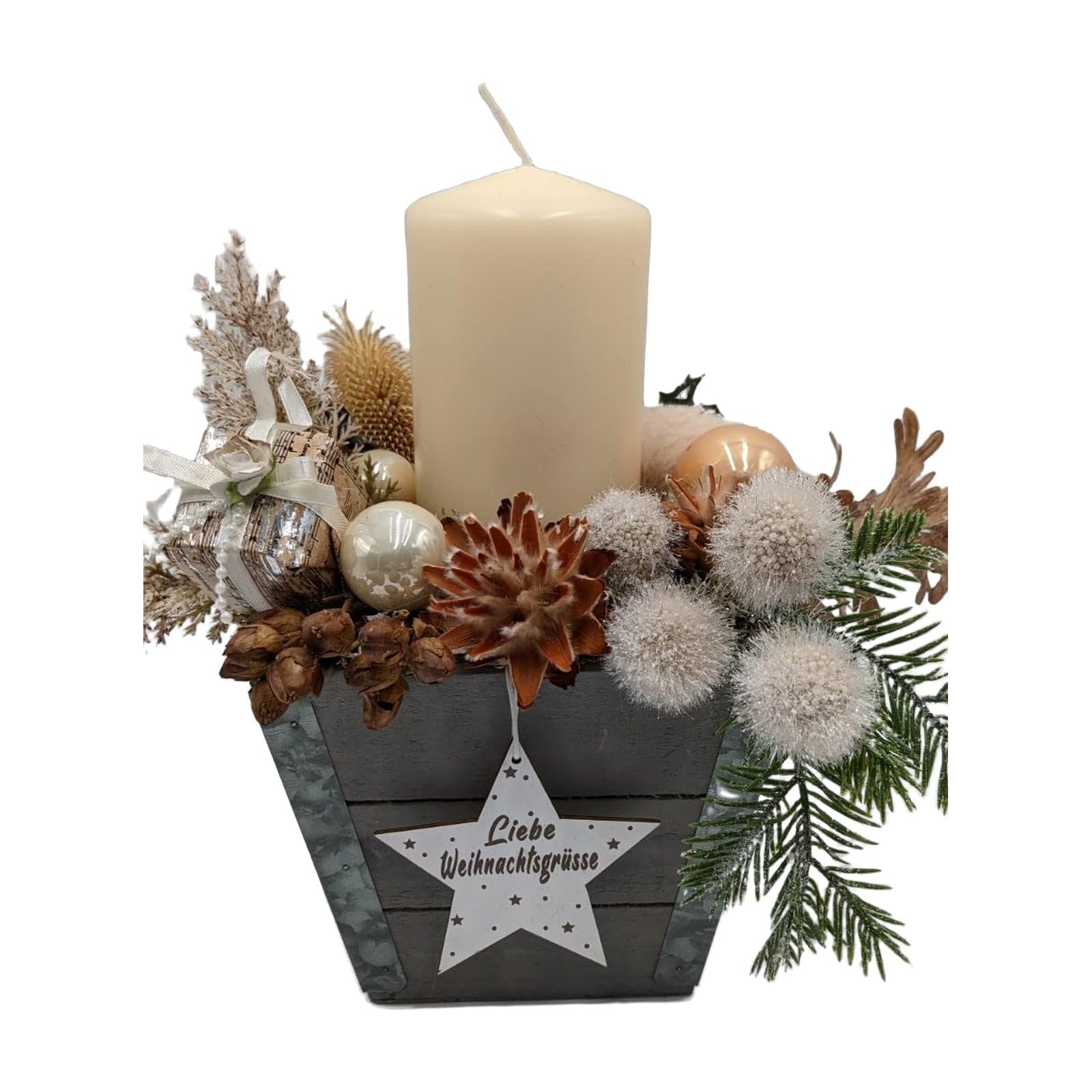 Wintergesteck Weihnachtsgesteck Tischgesteck Stern Kerze Creme grau