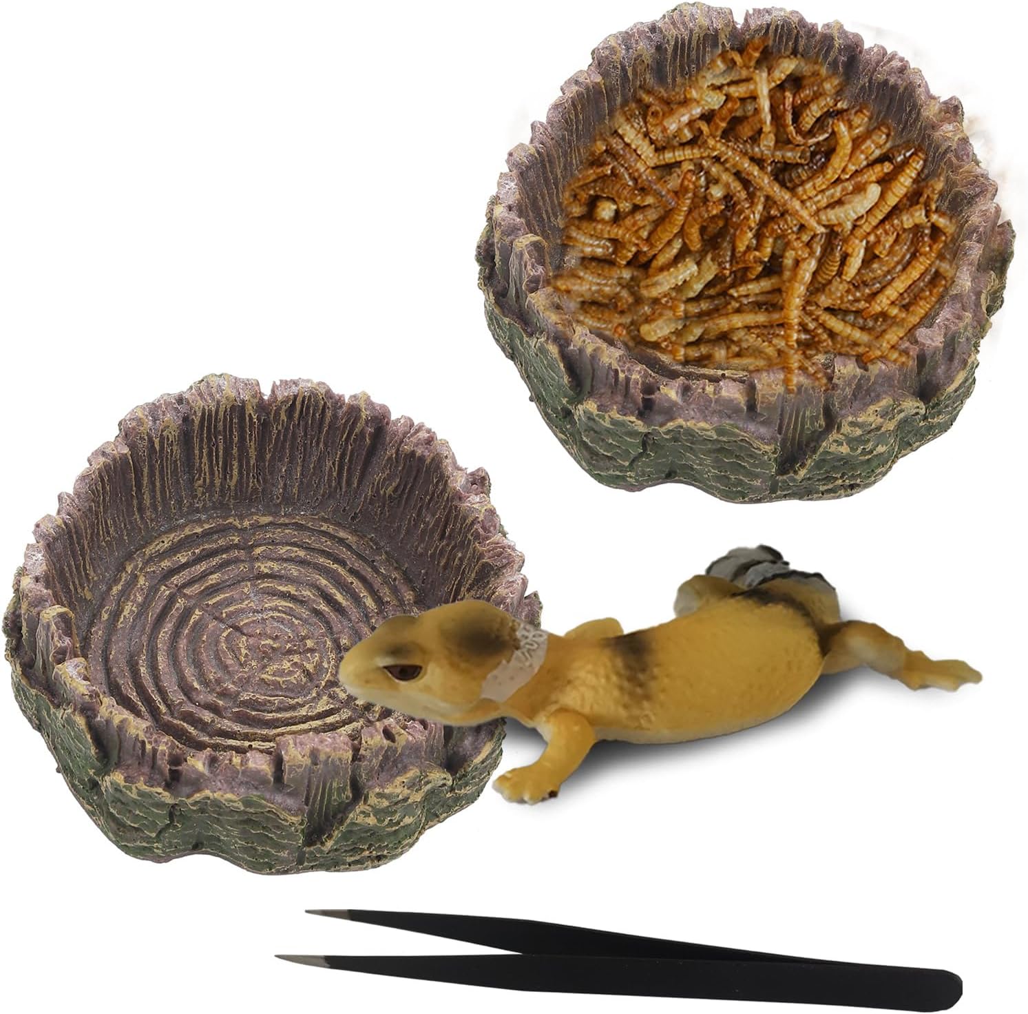 2pcs Reptile Water Bowl with Feeding Tweezers Reptile Food Dish for Lizard Snake Tortoise Reptile Feeding Dish for Small Animals – Gray Tree Stump