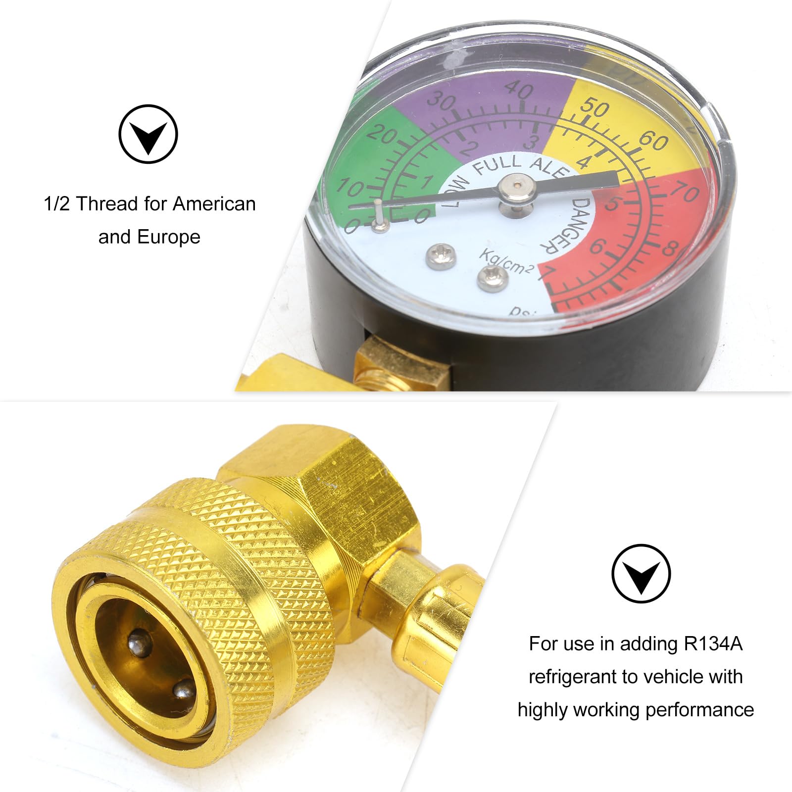 Veemoon R134A AC - Tubo di ricarica del refrigerante con calibro per auto, climatizzatore a U, contatore a bassa pressione con 1/2 può TAP e R134A, attacco rapido per auto R134A
