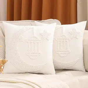 Ramadan Lantern Pillow Covers 18x18 inch Set of 2 Beige Tufted Embroidery Throw Pillow Covers for Eid Mubarak Decorations