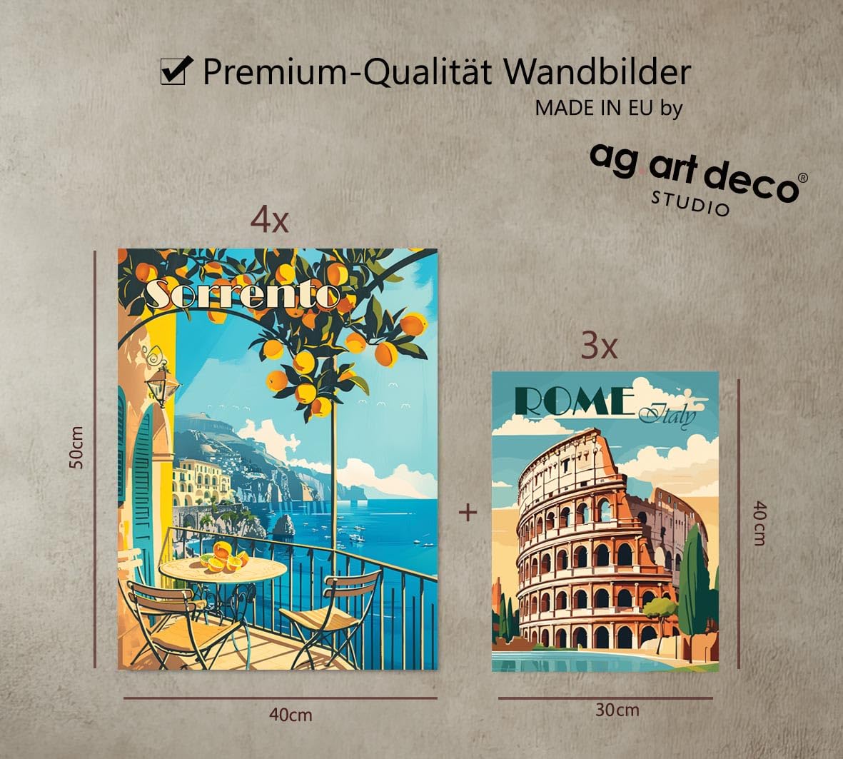 ag.art deco® 7er Set Poster Ohne Rahmen Wanddeko Wohnzimmer Modernes Design | Premium XXL 7 moderne Travel Italien Rome Venice Toskana Sorrento Amalfi Florence Vintage Retro Terrakotta Mediterran, Flur