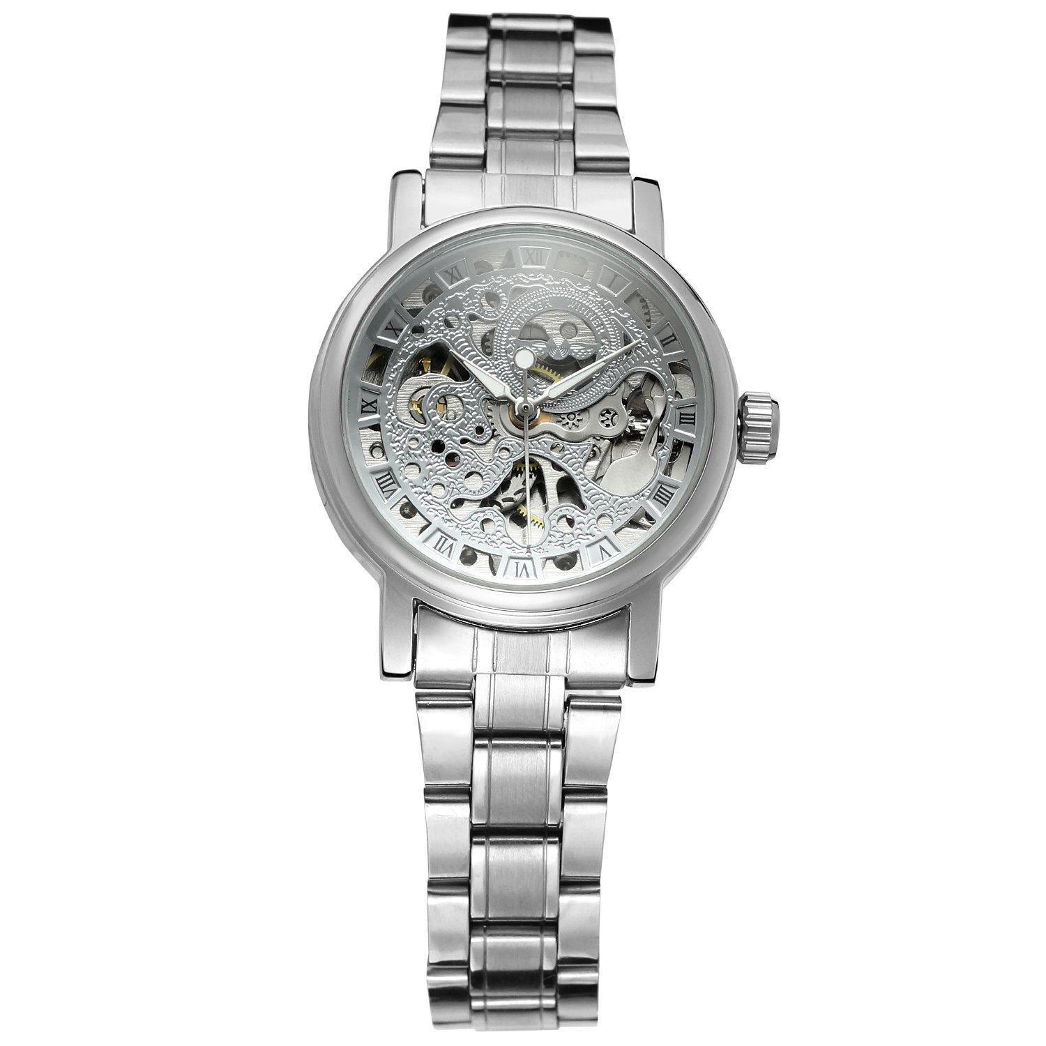 FORSINING Orologio da polso da donna, elegante, automatico, con scheletro, analogico, in acciaio inox, Argento, Bracciale