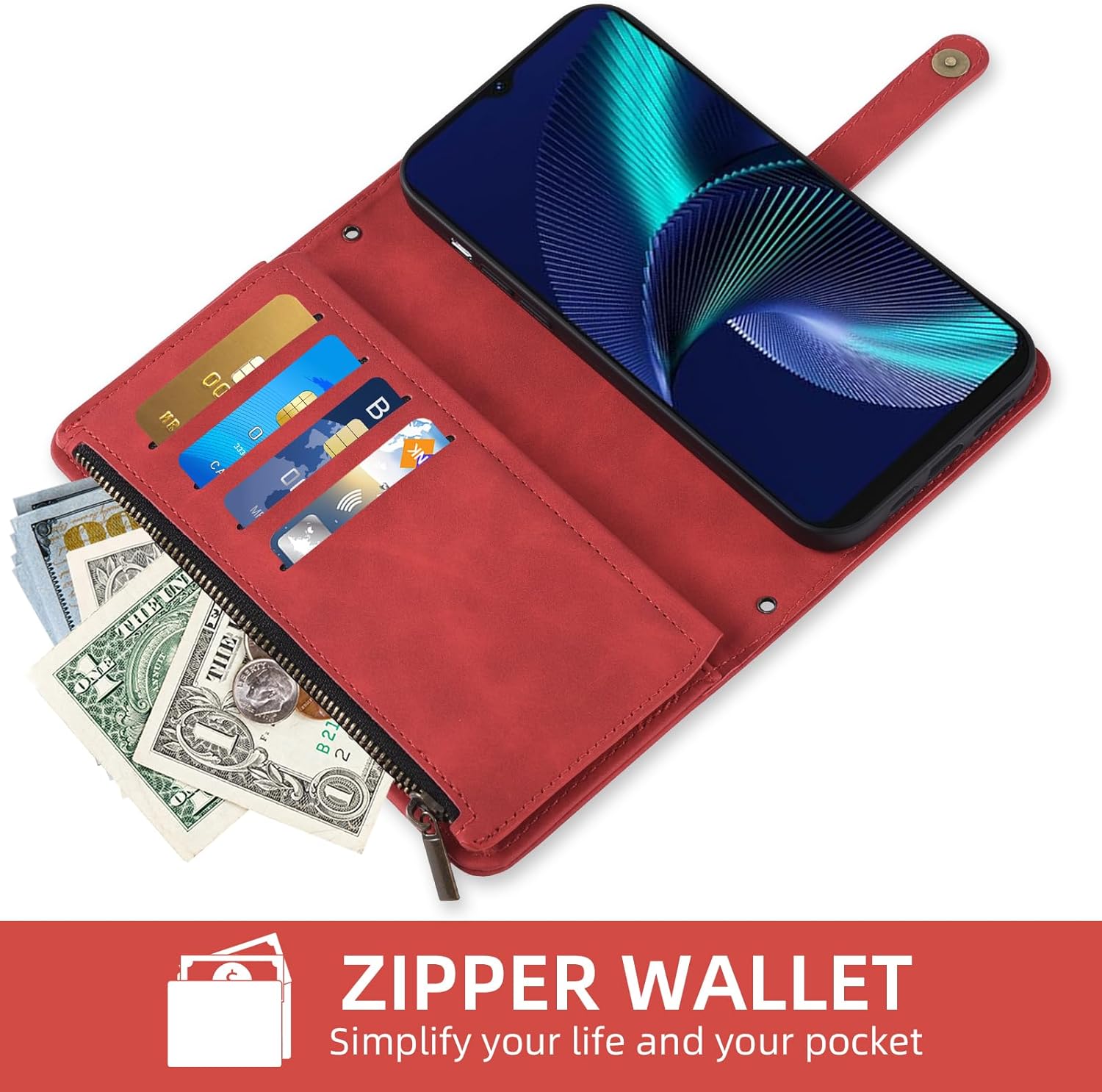 Phone Case for Tracfone BLU View Speed 5G B1550VL Wallet Cover With Screen Protector and Crossbody Wrist Strap Leather Flip Pattern Zipper Credit Card Holder Stand Cell Trac Fone BLUE ViewSpeed Red