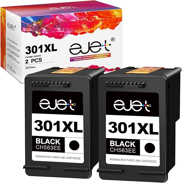 ejet XL High Yield 301XL Remanufactured Ink Cartridge Replacement for HP 301XL for Deskjet 1000 1010 1050 1510 1512 2050 2050A 2510 2540 3050 Envy 4500 4502 4503 5530 5532 2620 (2-Black)