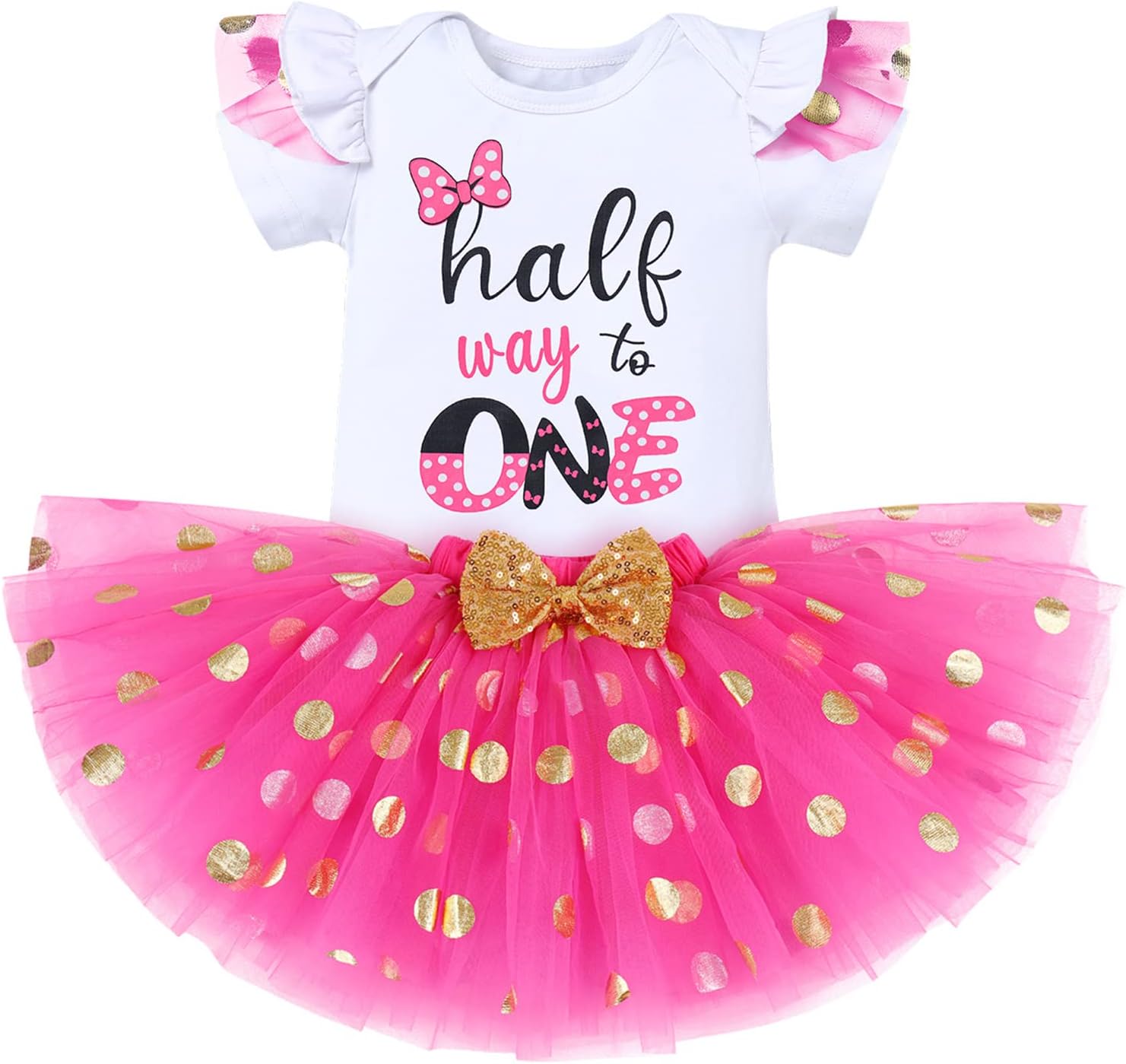 IBTOM CASTLE Cake Smash Half 1st 2nd 3rd Birthday Girl Princess Polka Dots Ruffle Skirt Set ONE Party Costume Headband