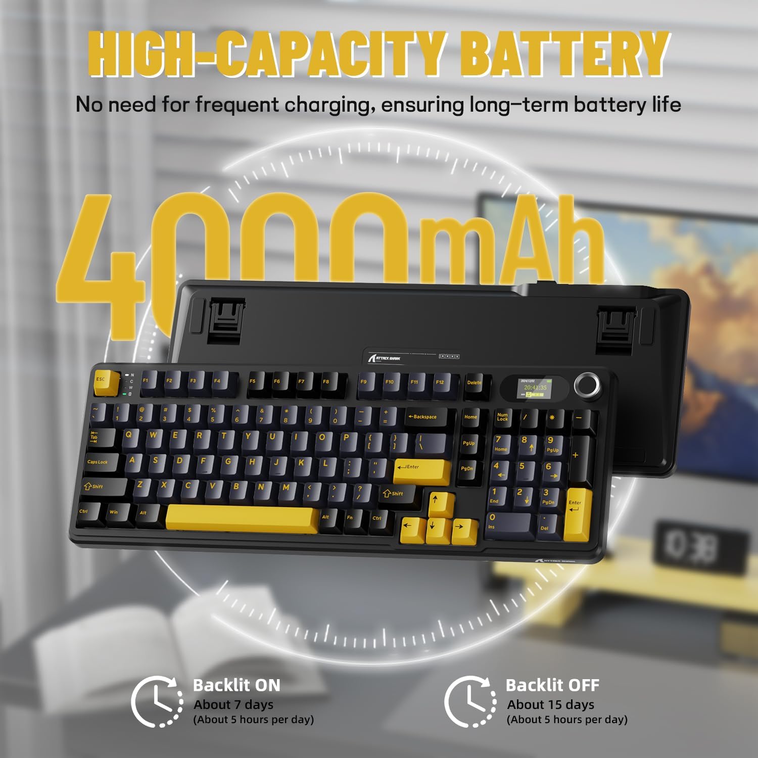 Image showing the ATTACK SHARK X98PRO keyboard and its 4000mAh battery capacity, with estimated battery life for backlit ON and OFF modes.