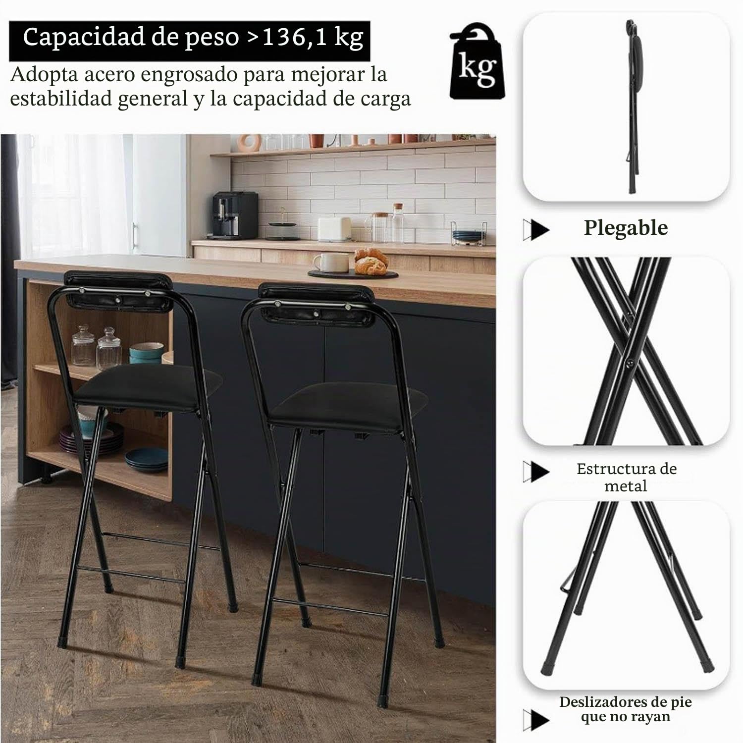Silla de taburete plegable acolchado asiento 26in, 65cm taburete plegable de barra con respaldo y reposapiés, 65cm negro plegable marco de metal cocina silla alta para cafetería, bistro,Black