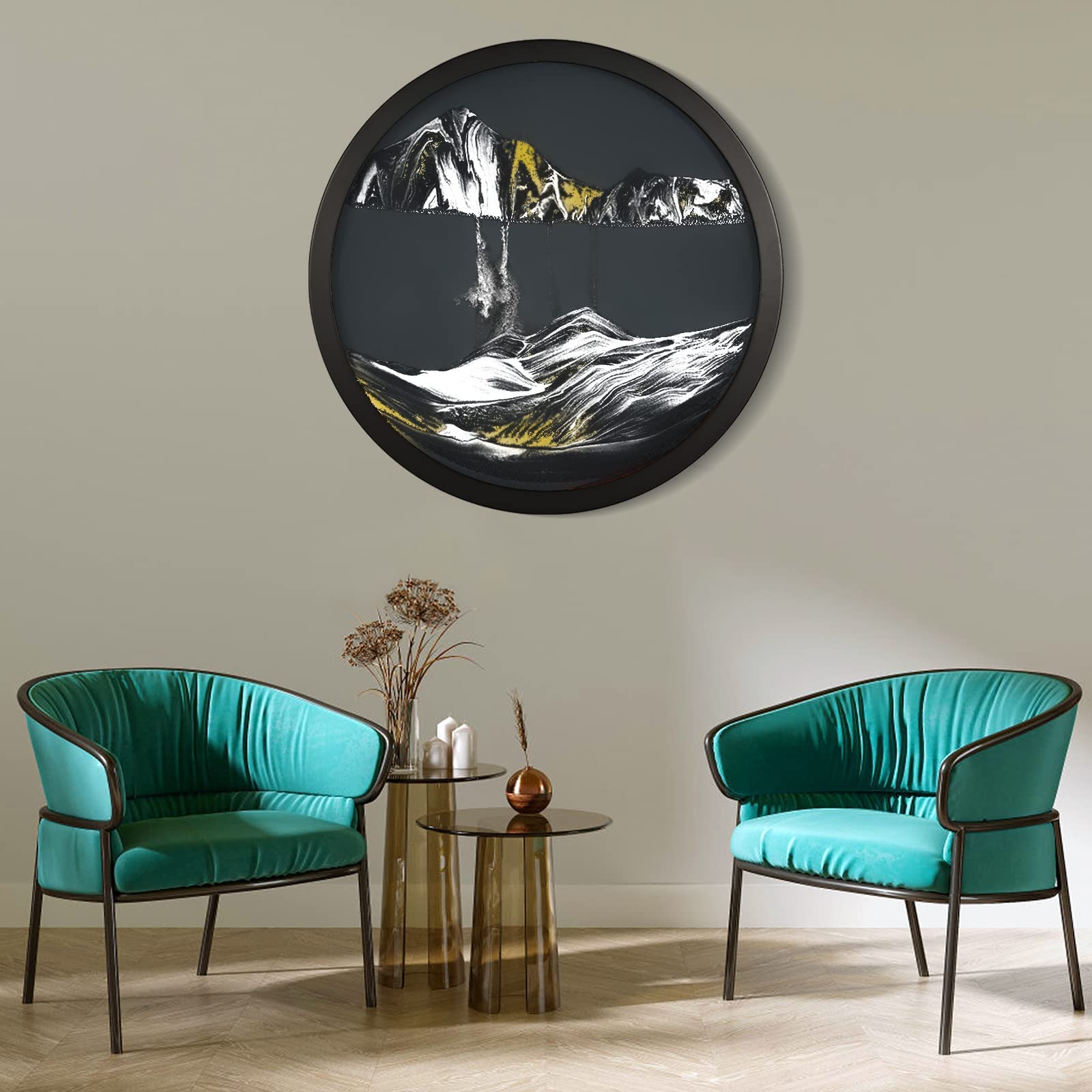 JZWLW Moving Sand Art Decor Picture 3D Deep Sea Sandscape 360° Rotation Sand Art Liquid Motion Round Glass Crafts Wood Frame Relaxing Relieve Depression Wall Decor for Home Office (Black, 9.4IN)