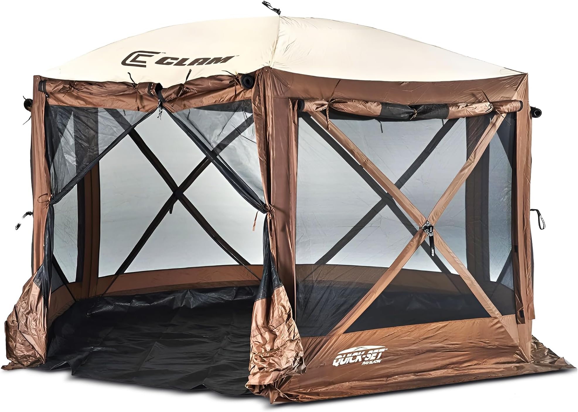 CLAM Pavilion Camper Screen Tent | 12.5 Ft Pop Up Gazebo - Brown 8-Person | Pop Up Screen Tent For Camping, Patios and Backyards with Wind Panels, No-See-Um Mesh, 60-Second Setup and Room for 8 People