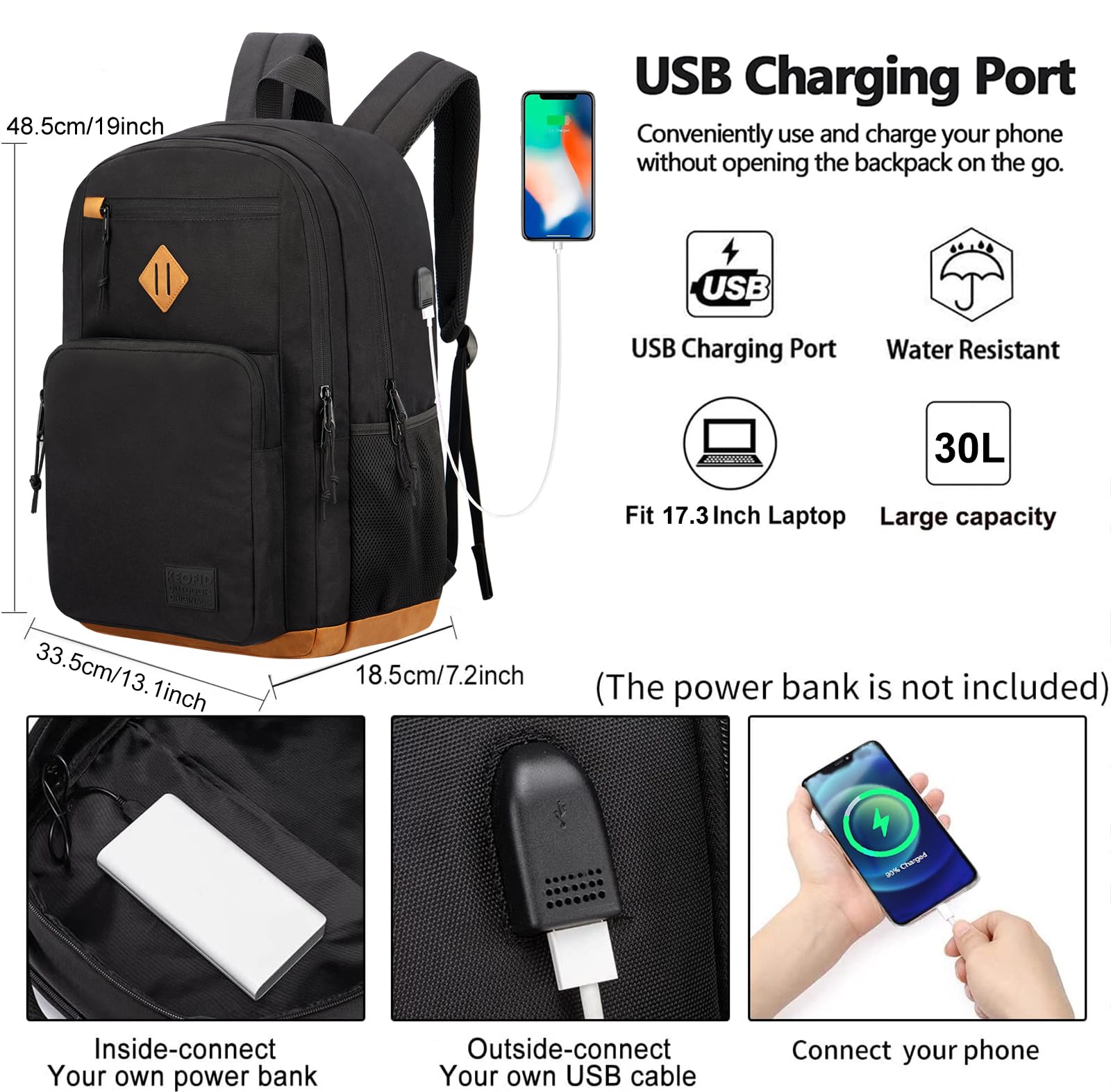 KEOFID Plecak podróżny na laptopa, wytrzymały plecak antykradzieżowy z portem USB do ładowania, Czarny 15 cali