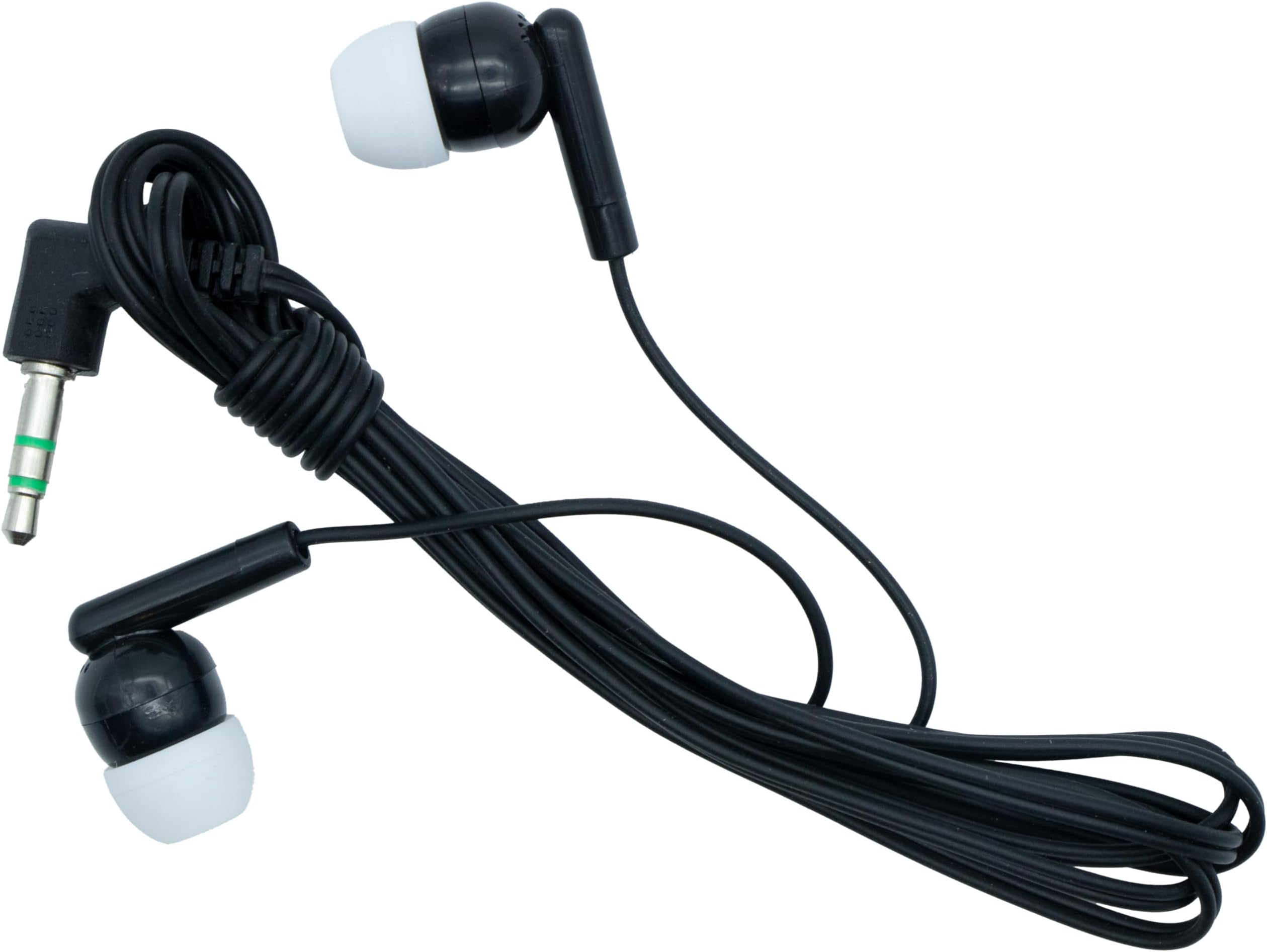 M&E Disposable Earphones 100 Pack Earphones with 3.5mm Jack in Single Pockets, Eco Friendly for Maximum Hygiene, Black, Silicone, White