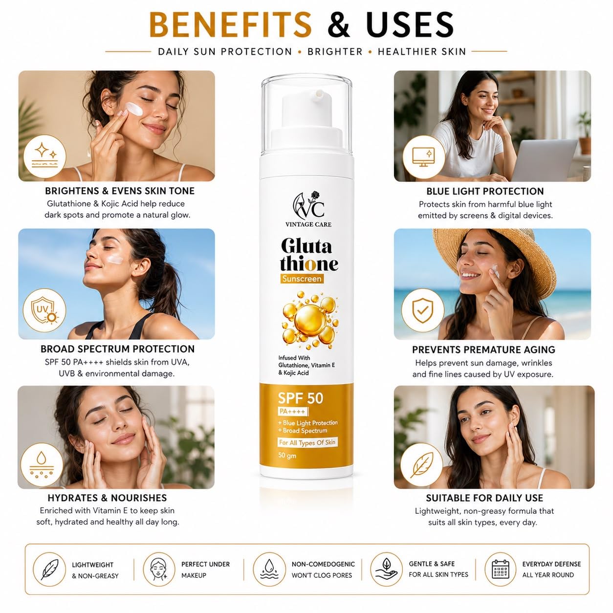 glutathione sunscreen benefits for skin brightness Title: Vintage Care SPF 50 PA++++ with Vitamin E & Kojic Acid Size:10 vials x 2ml Buy HK VITALS Skin كريم لشد منطقة العين
