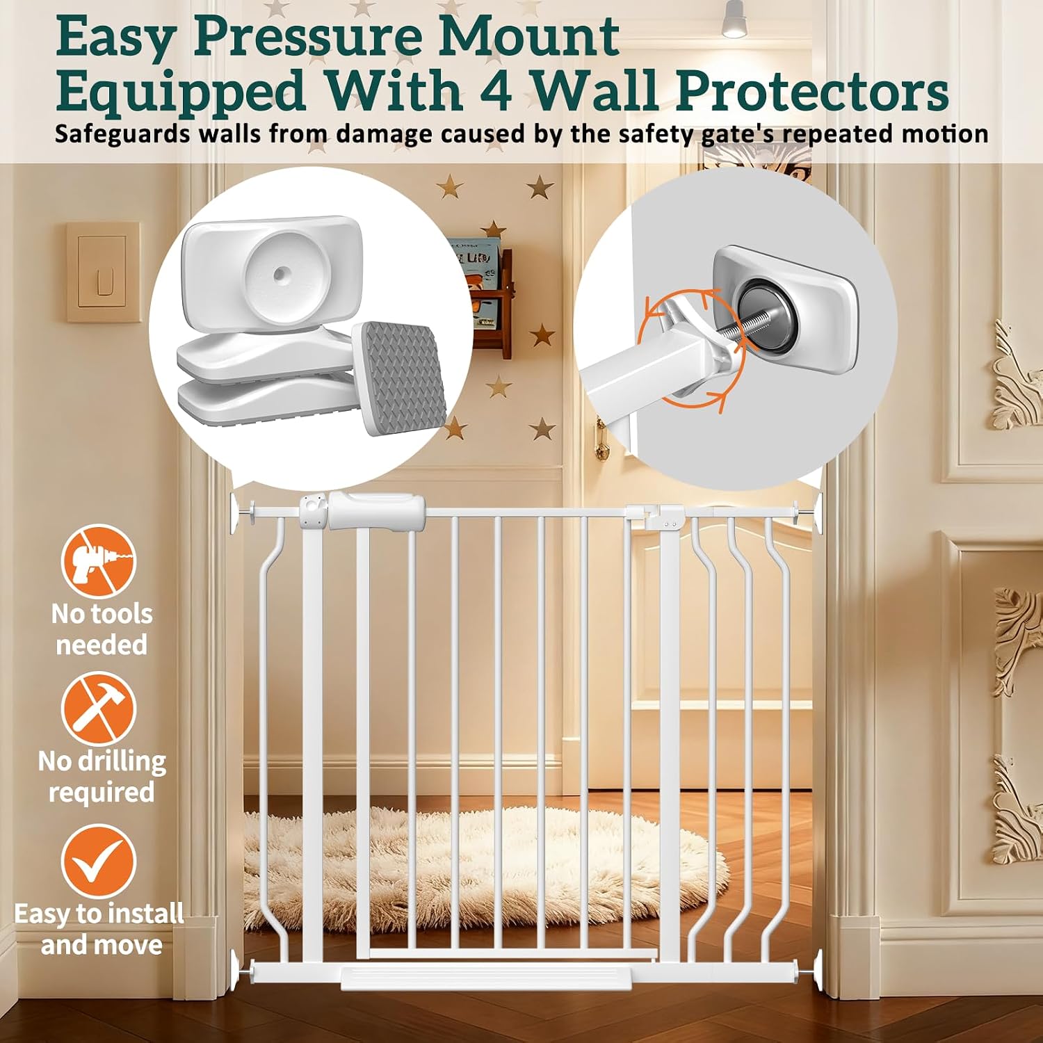Extra Wide Baby Gate for Doorways 71.65"-85.82", 30.7" Tall Pressure Mounted Dog Gate for Large Openings, No Drill Walk Through Pet Gate, Auto Close, Hardware Mount for Stairs, Black
