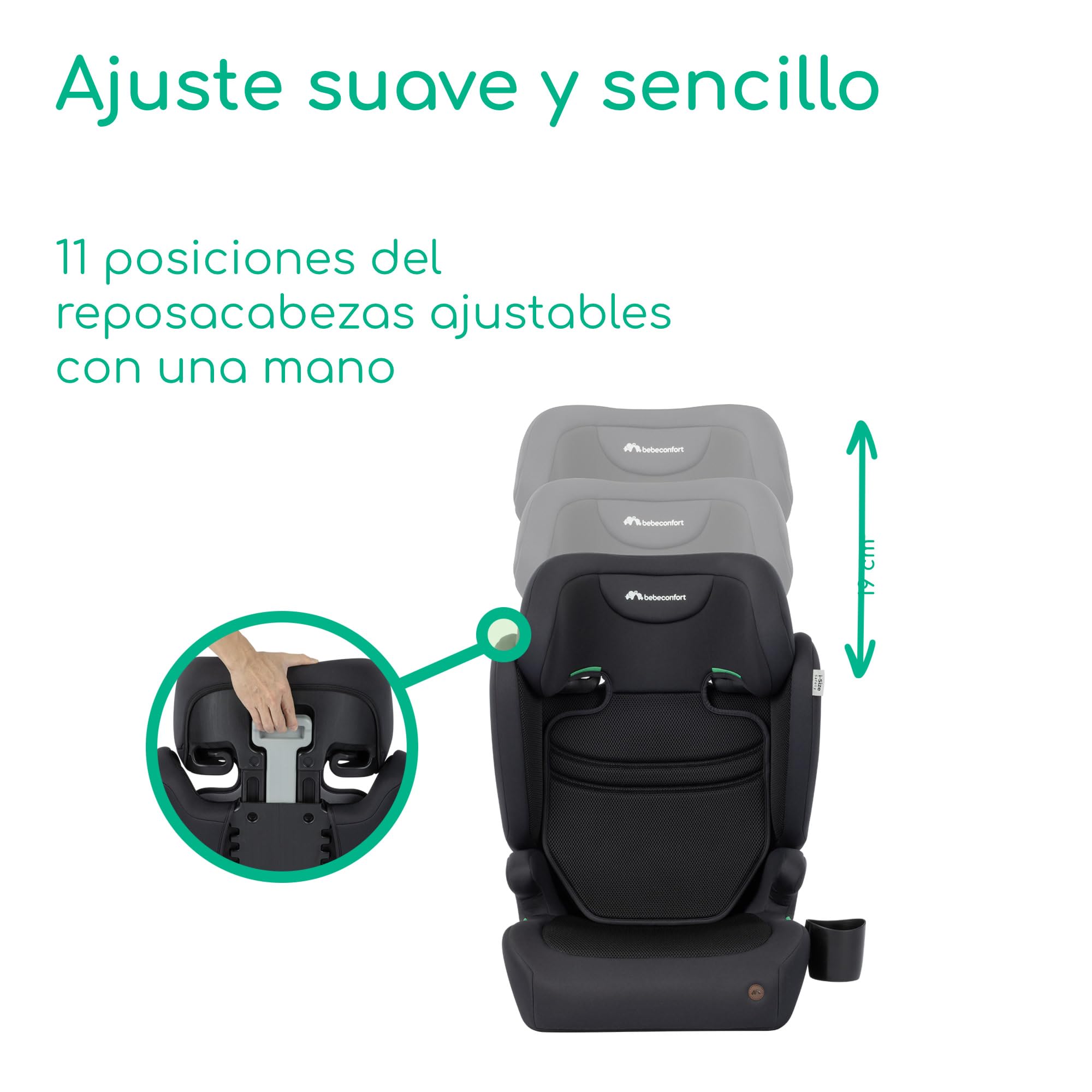 Bebeconfort Ride 2-in-1 i-Size Asiento Elevador con respaldo para coche, 100–150 cm, 3,5–12 años, silla coche ISOFIX, respaldo desmontable, 3,7 kg, 11 posiciones reposacabezas, portavasos, Full Black