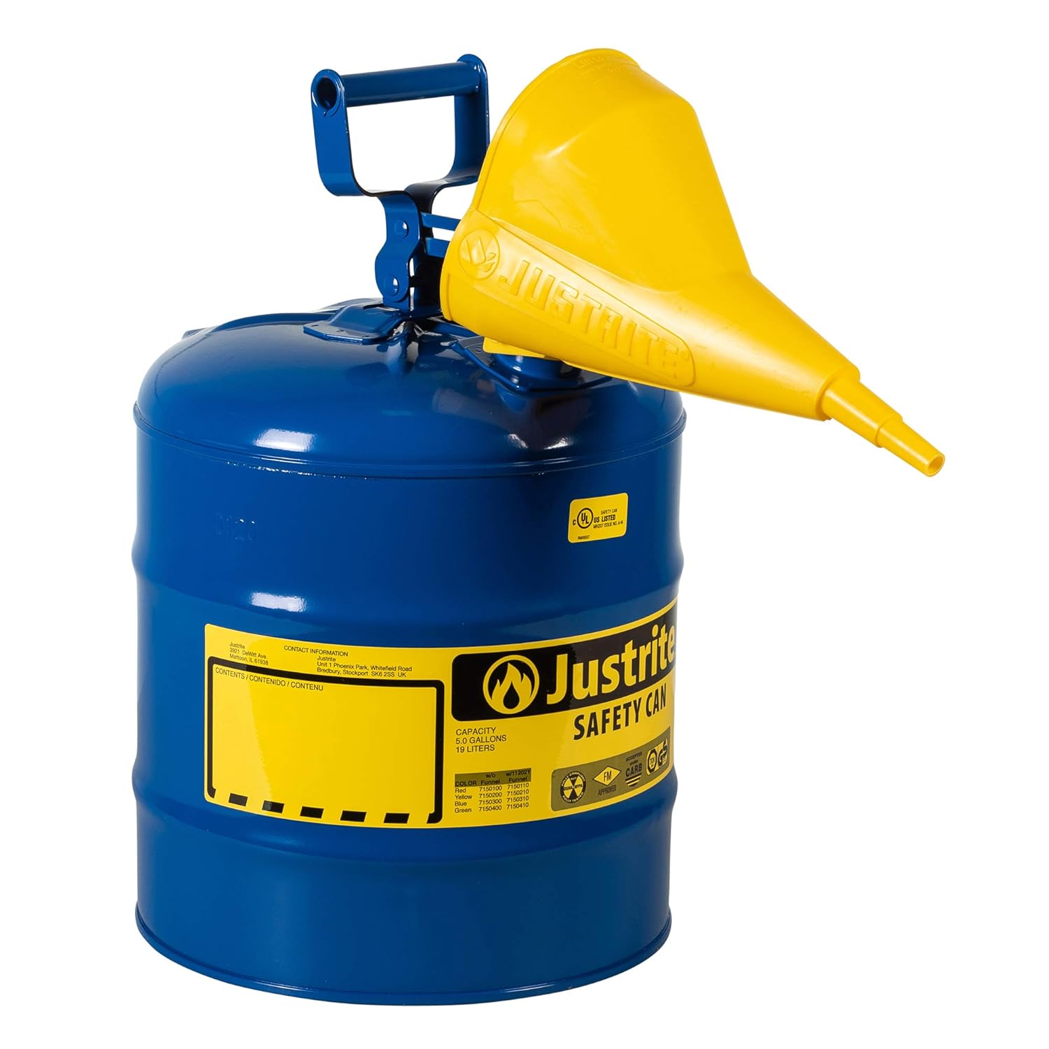 Justrite 7150310 Type I Galvanized Steel Kerosene Safety Can with Funnels Value Packages, 5 Gallon Capacity, Blue: Hazardous Storage Cans: Industrial & Scientific
